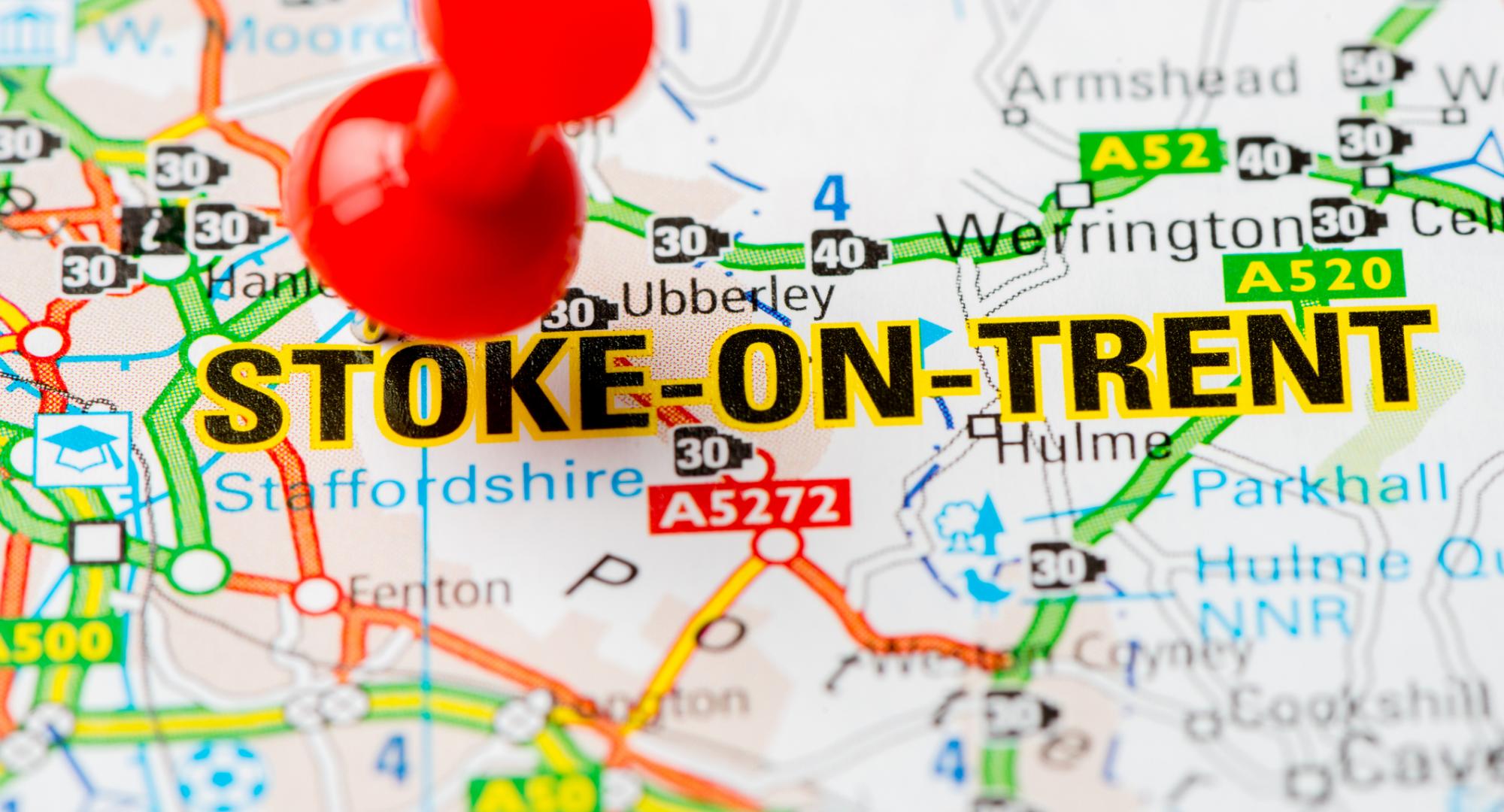 Map with a pin in Stoke-on-Trent
