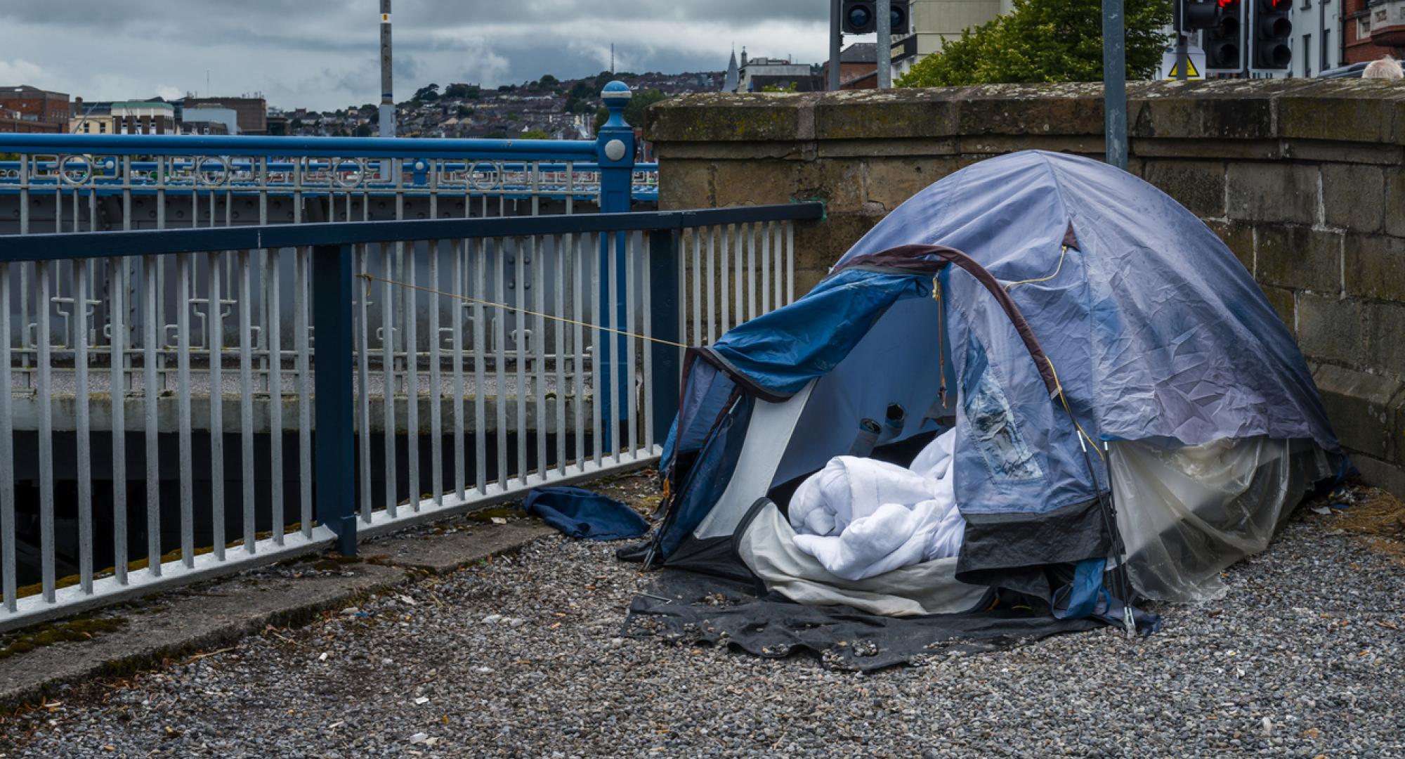 Tent sits in town centre for homeless man. 