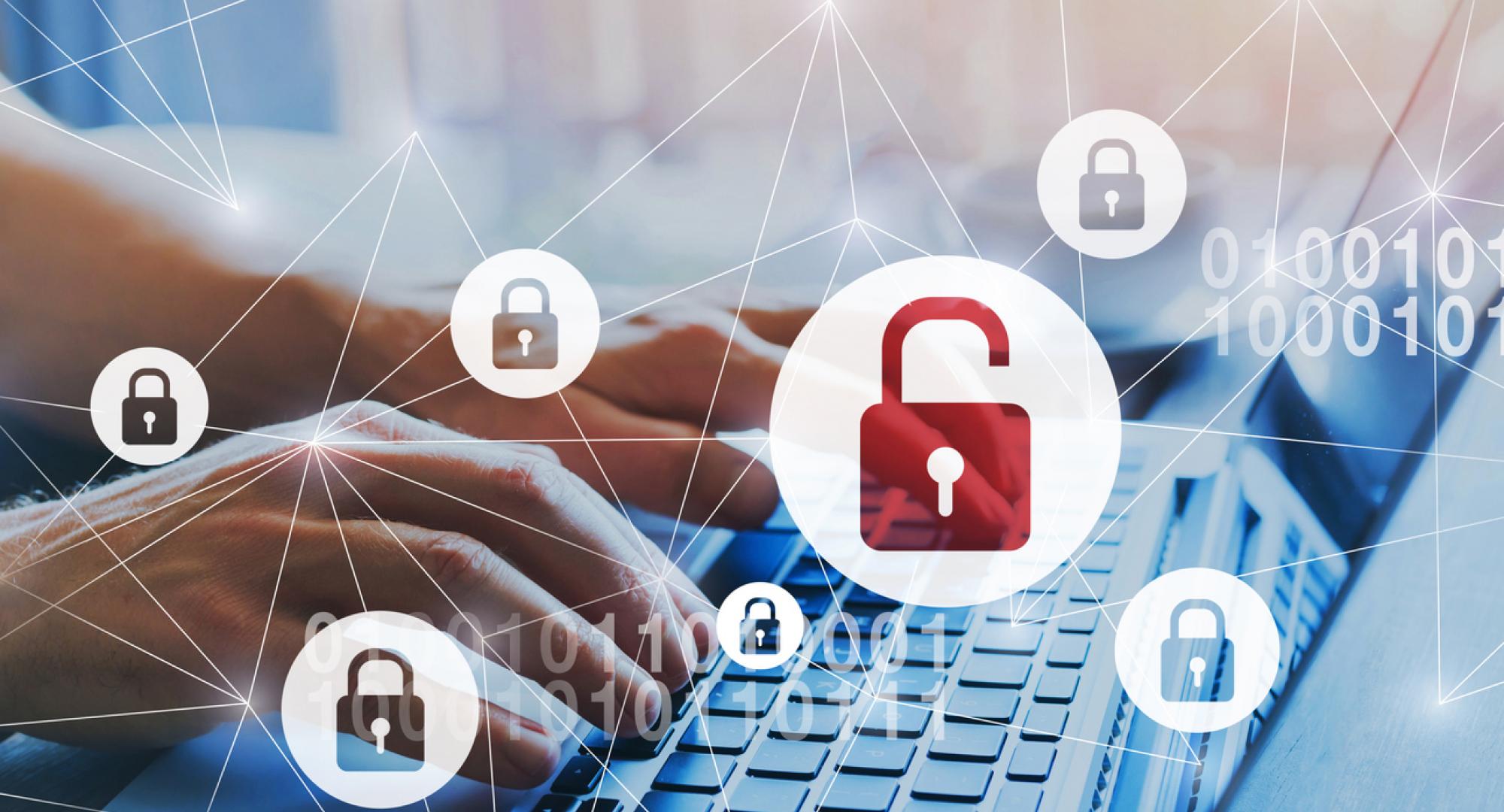 Visual representation of cyber leak, woman types on keyboard with locks. 