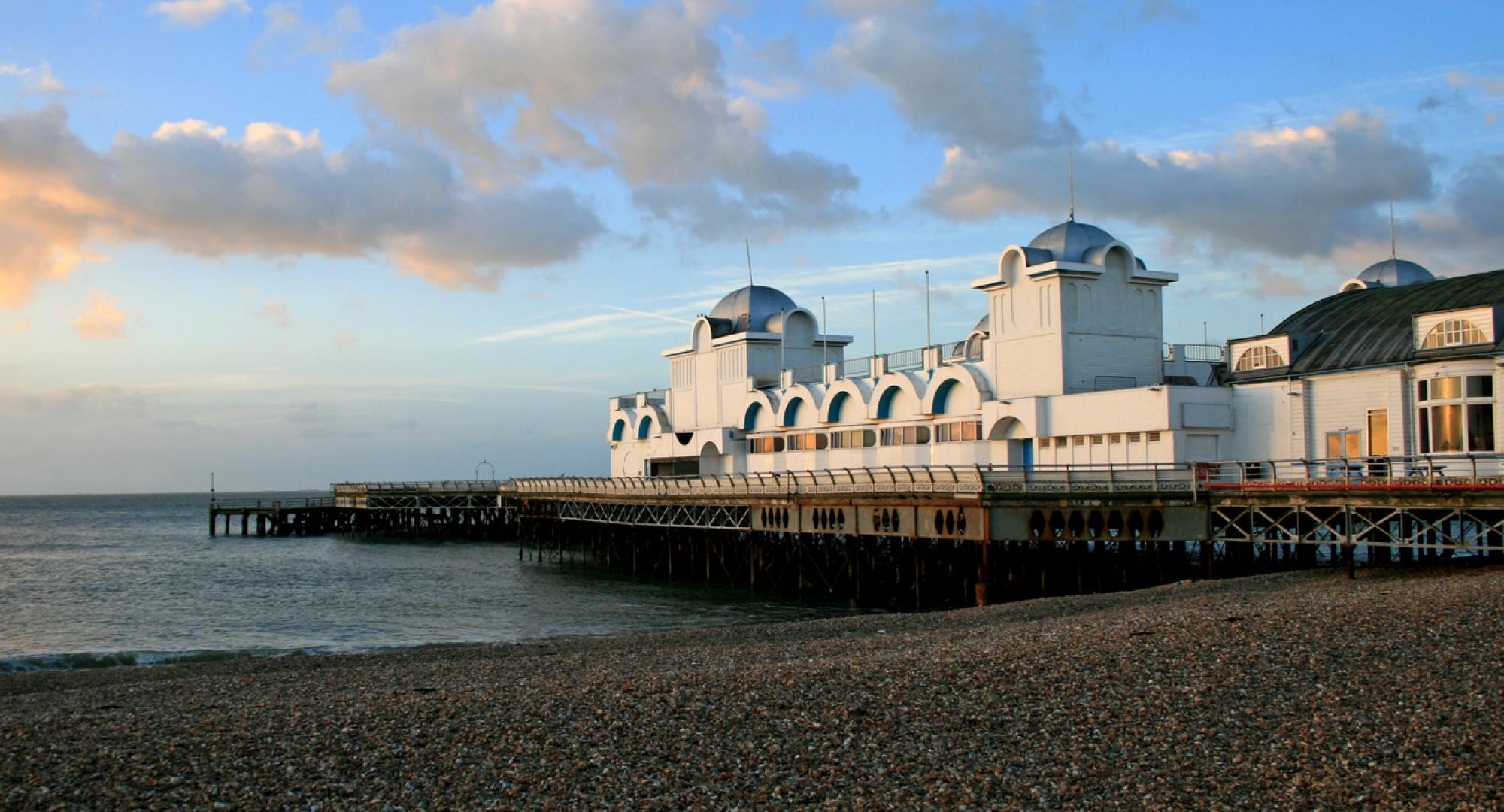 Southsea Pier and beach in the early morning.