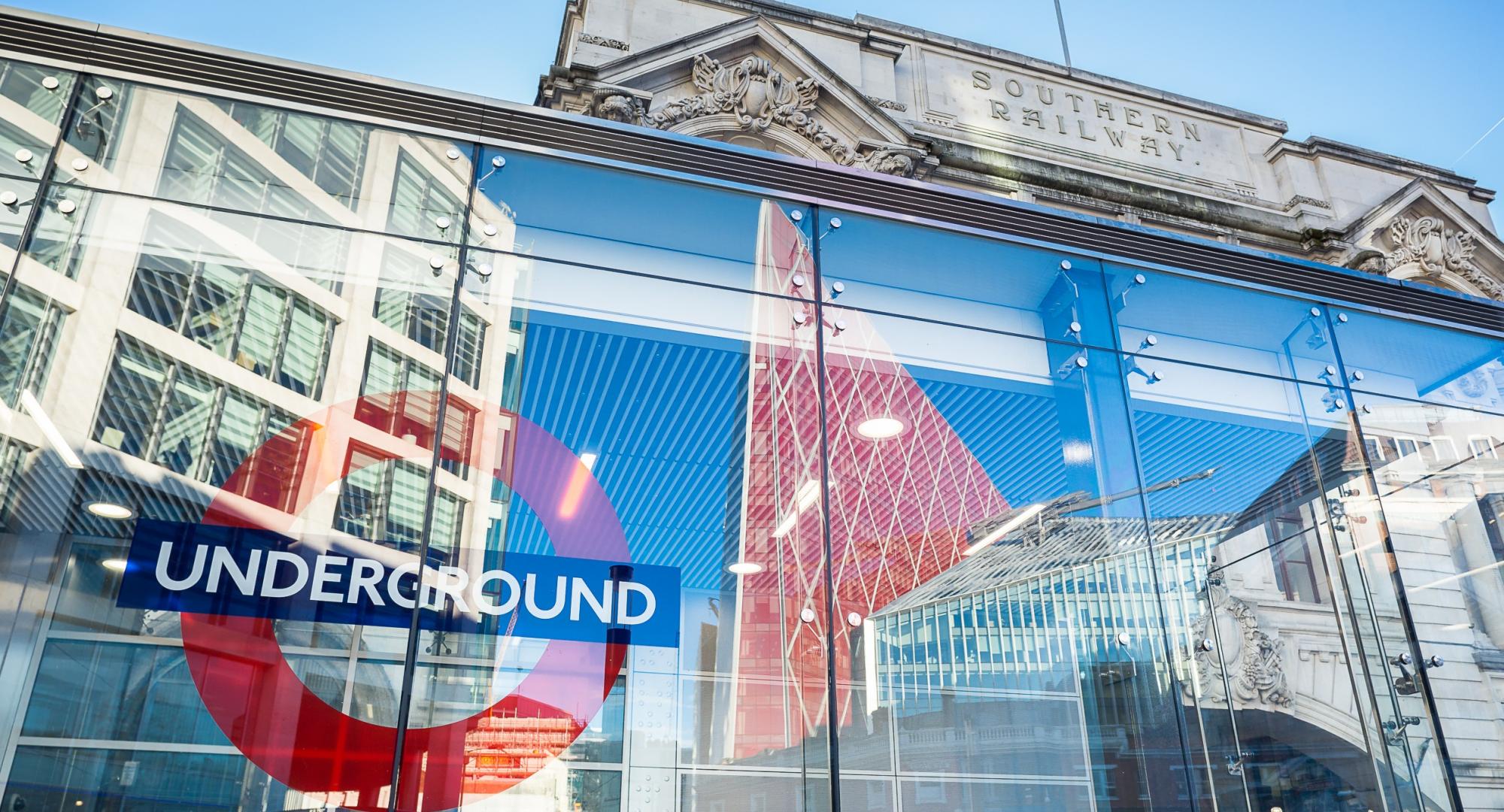 London Underground logo emblazoned on side of a building