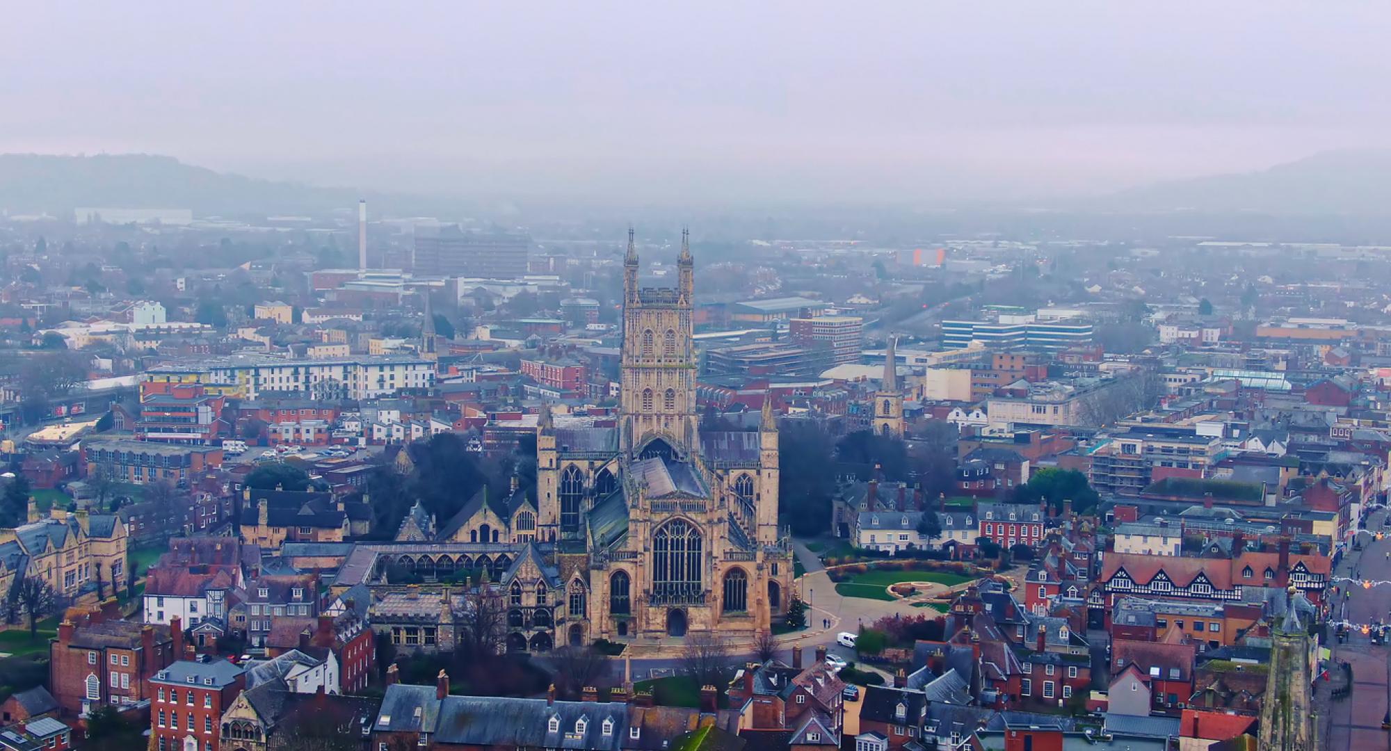 Aerial view of Gloucester, including Gloucester Cathedral