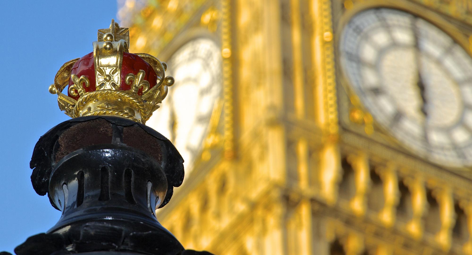 London street lamp with crown on top, Big Ben out of focus in the background