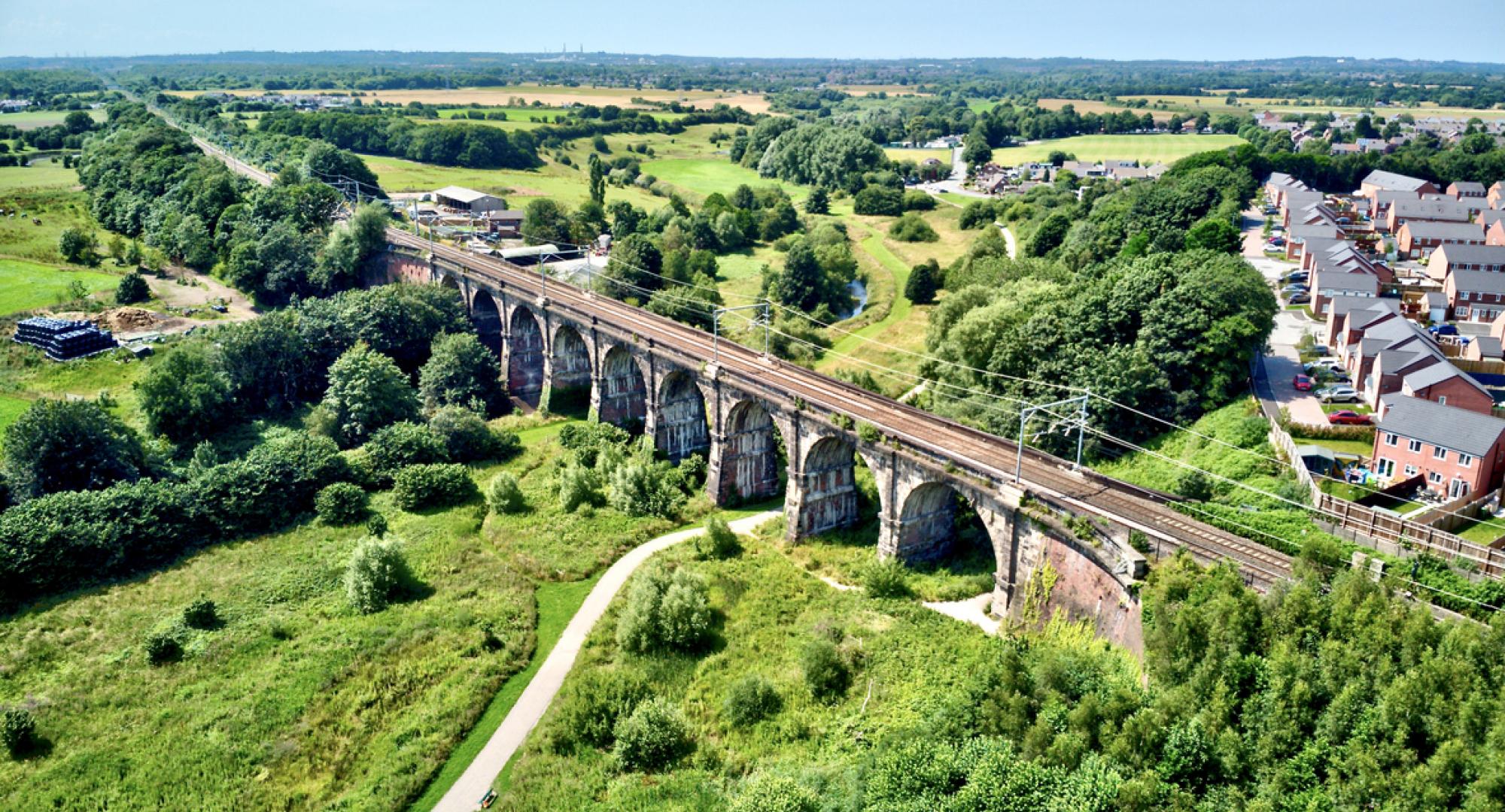 Aerial view of nine arches viaduct in St Helens