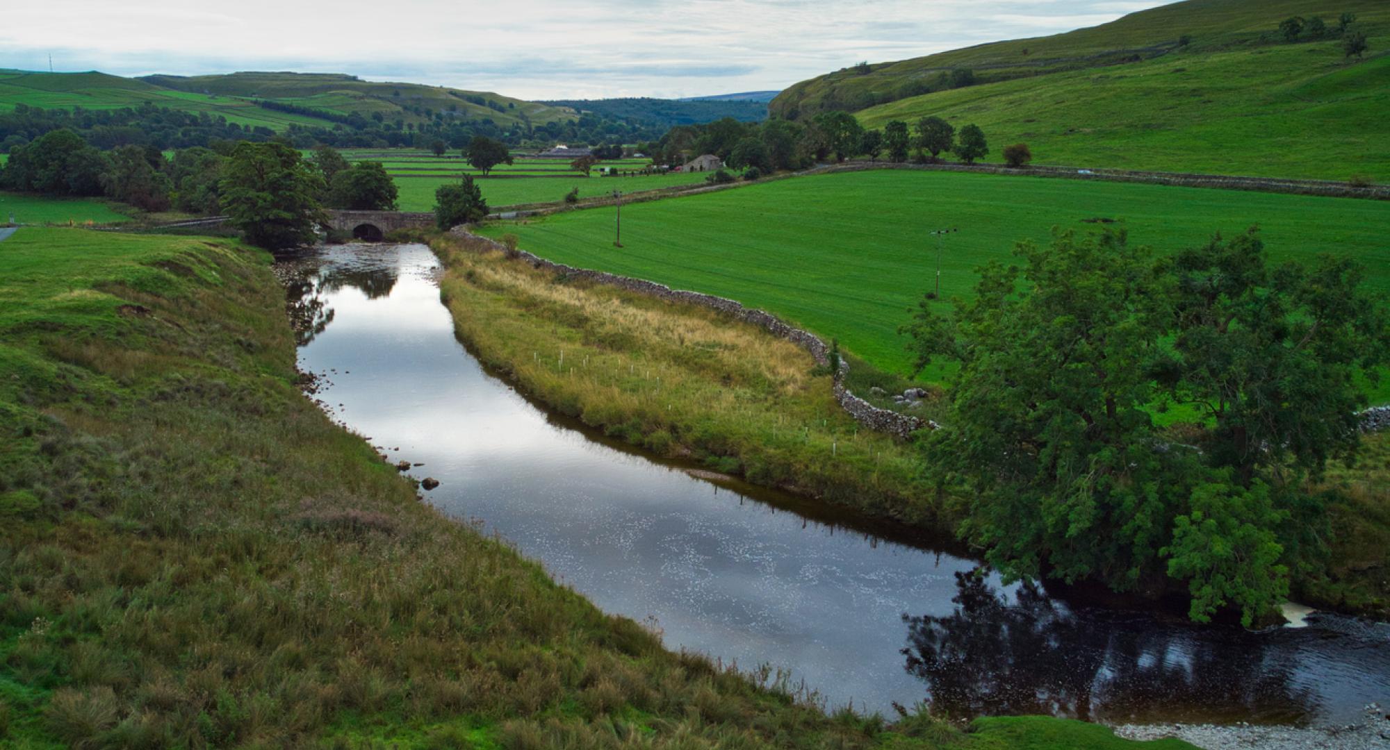 Aerial view of river in the Yorkshire Dales