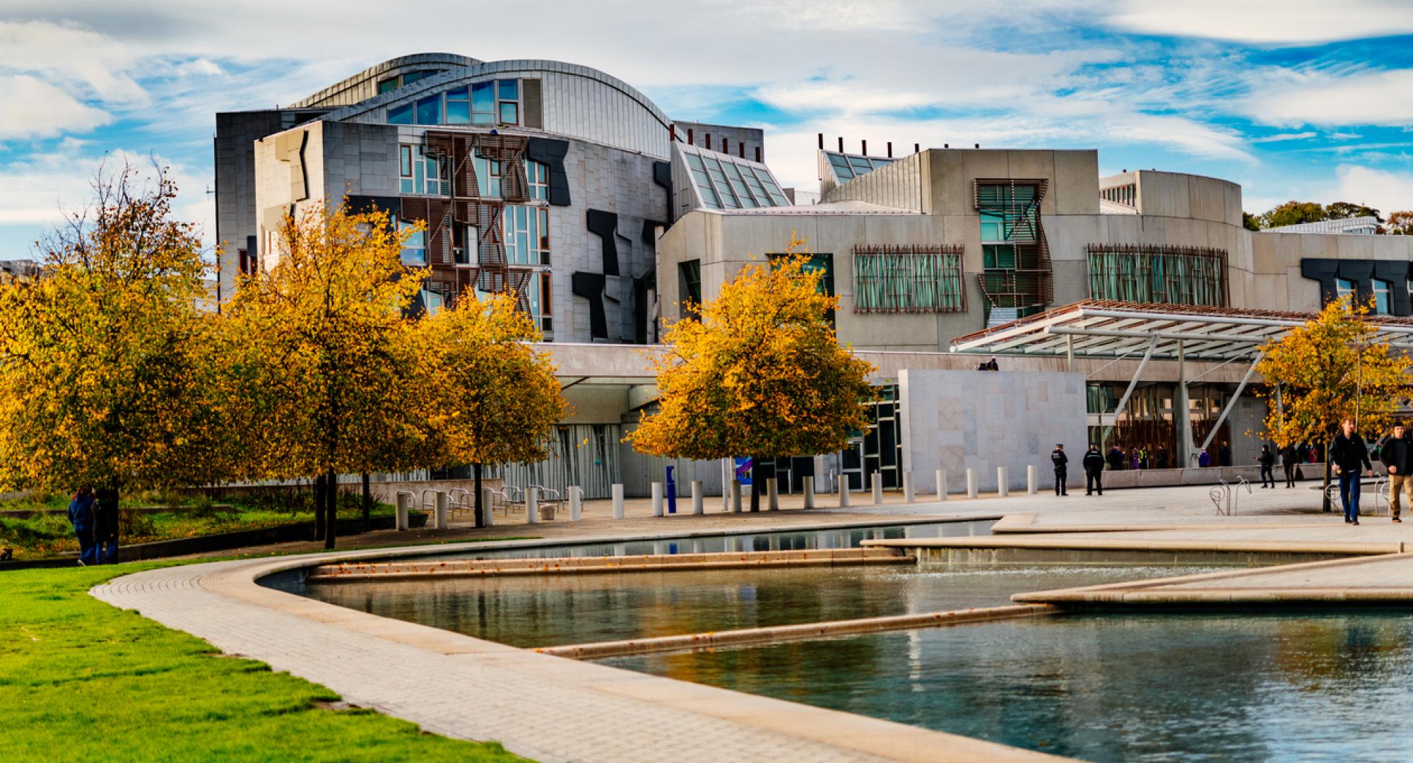 Front view of the Scottish Parliament building in Edinburgh