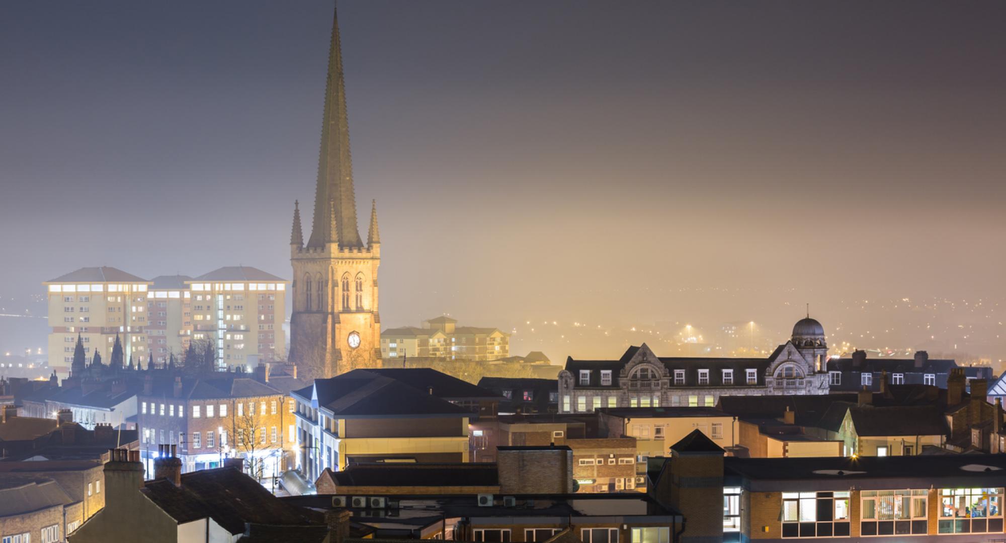 View of Wakefield skyline at night