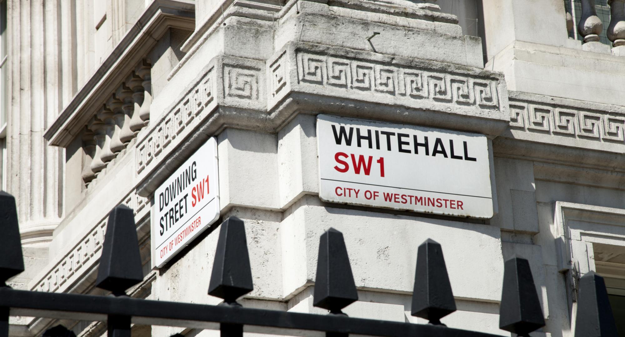 Sign on entrance to Whitehall, home of the UK government 