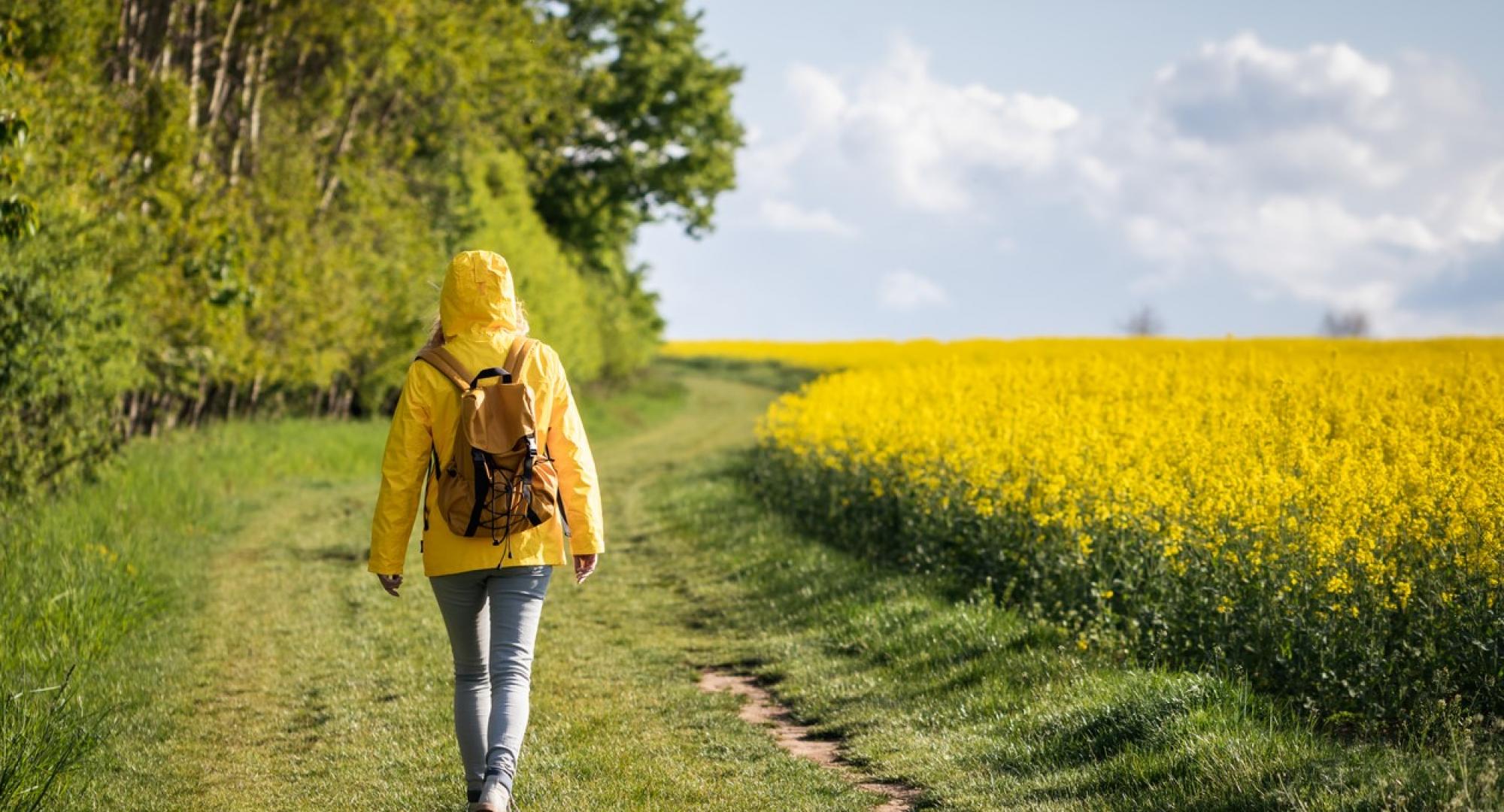 Woman walking in a field of flowers