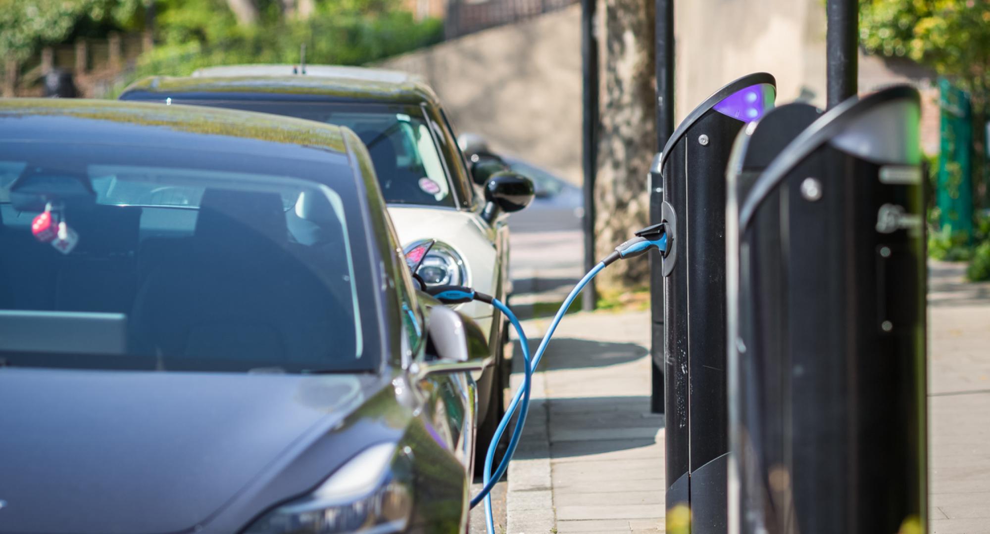 Electric vehicles being charged in London