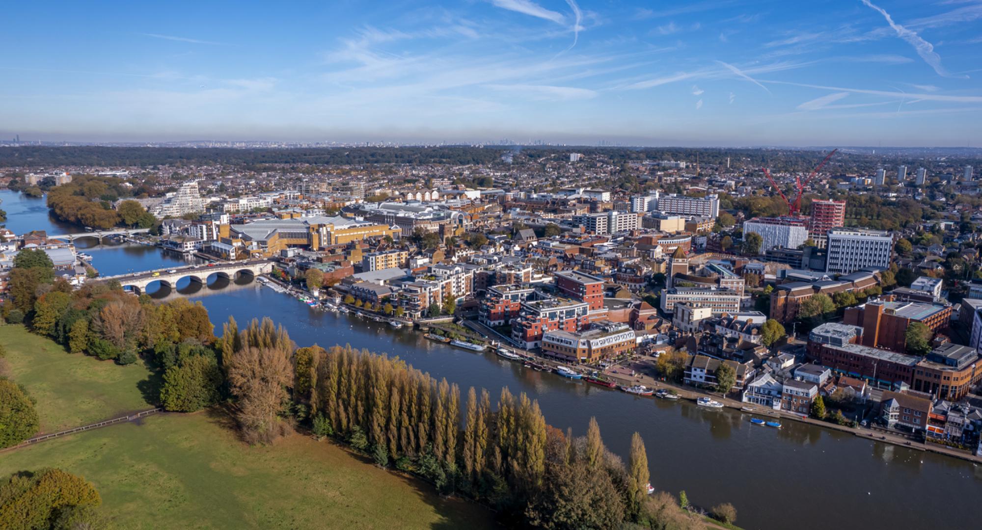 drone aerial view of town center of Kingston upon Thames, Greater London