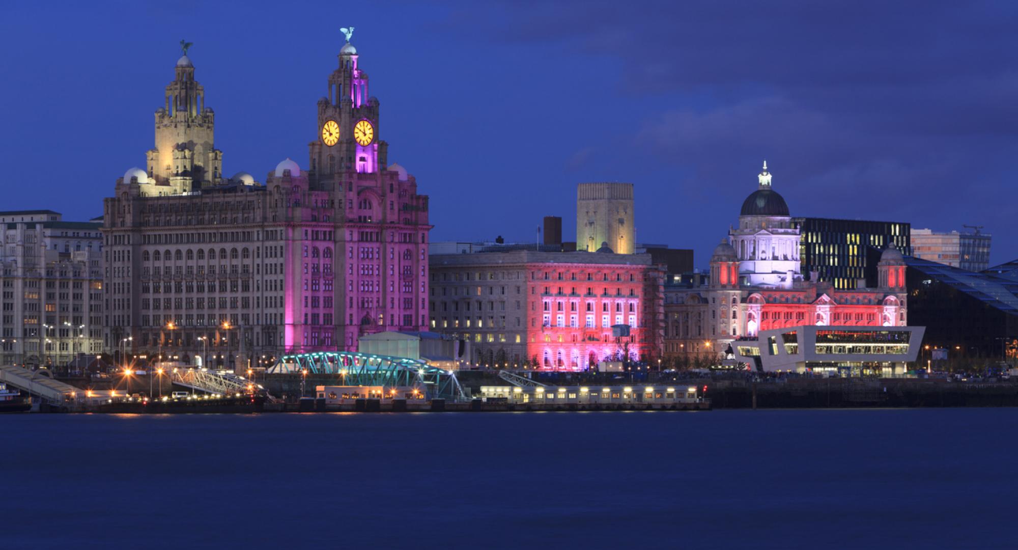 Liverpool at night with the Liver building lit