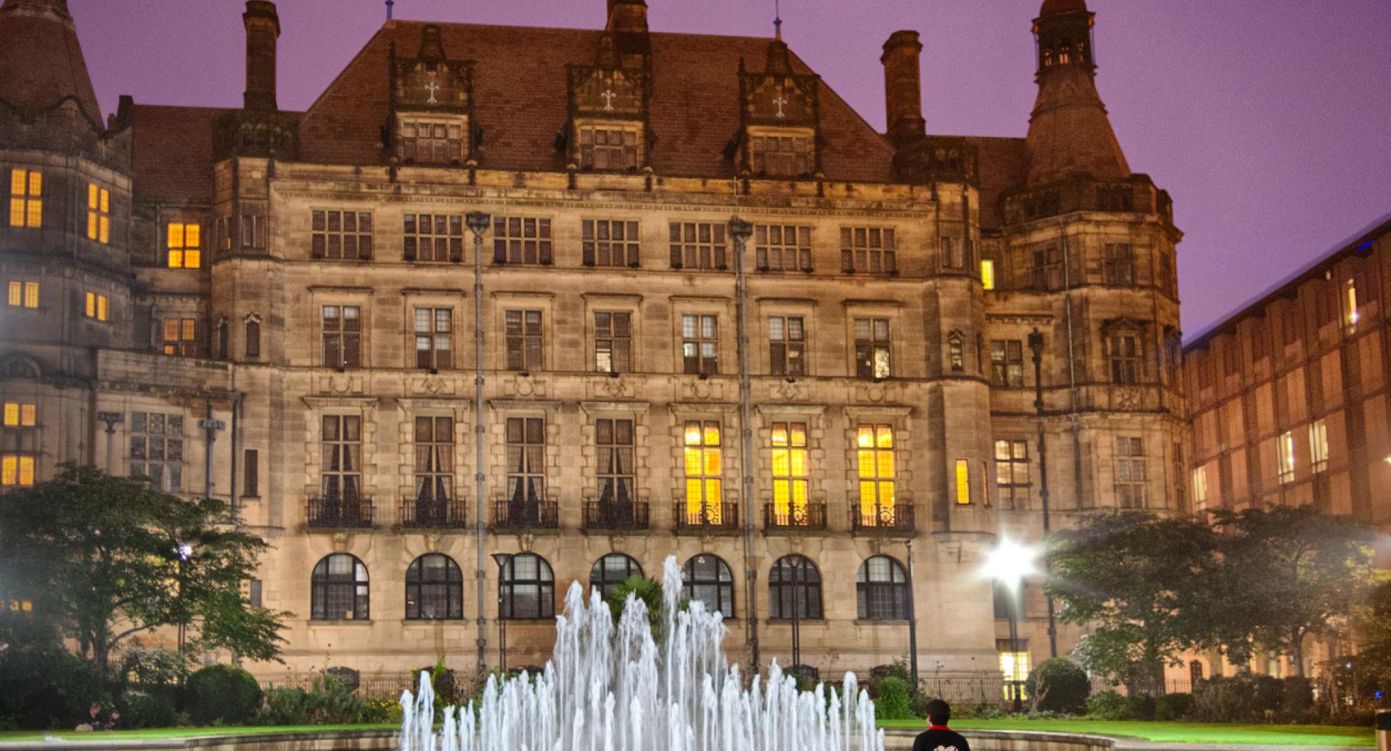 Sheffield Town Hall and fountains at night