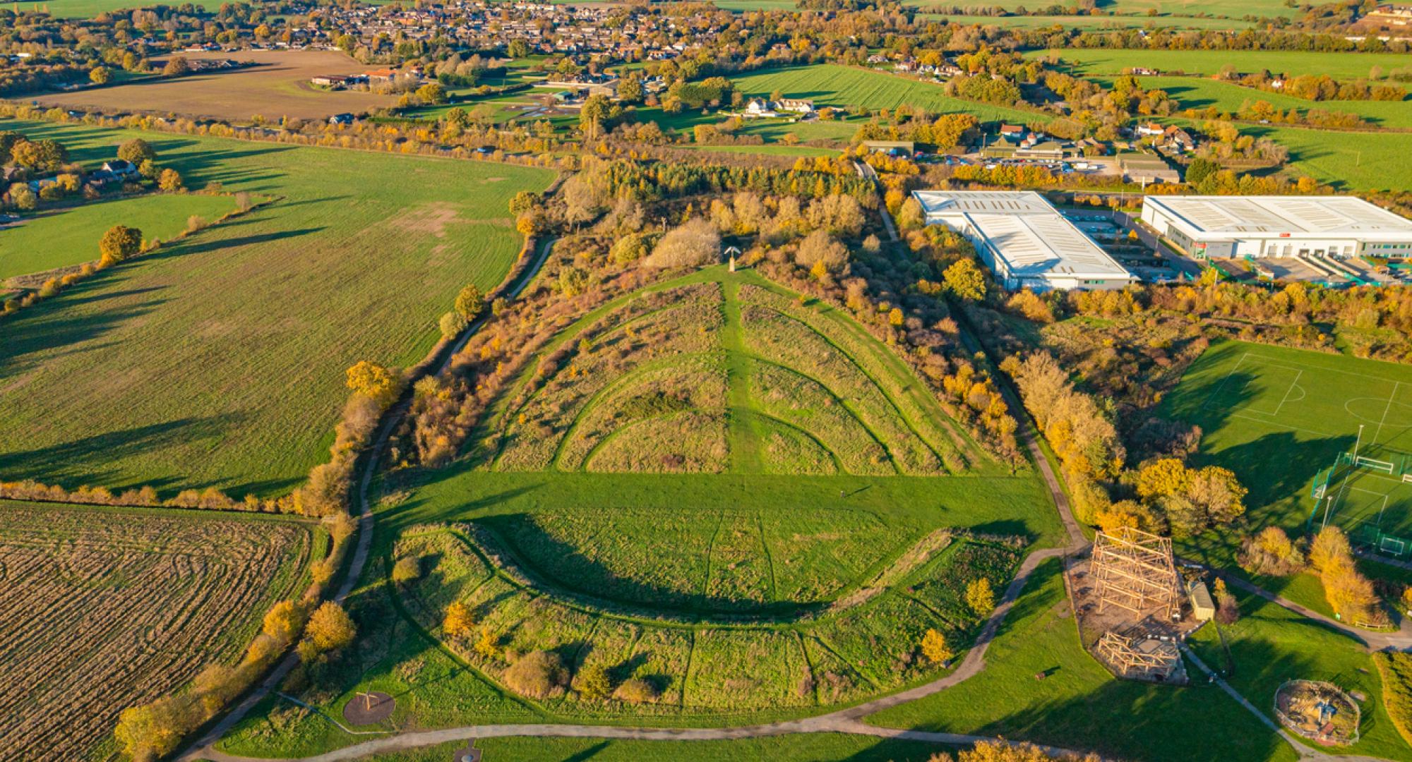 Aerial photo from a drone of the Bird of Freedom sculpture in Great Notley Country Park, Braintree, Essex, UK