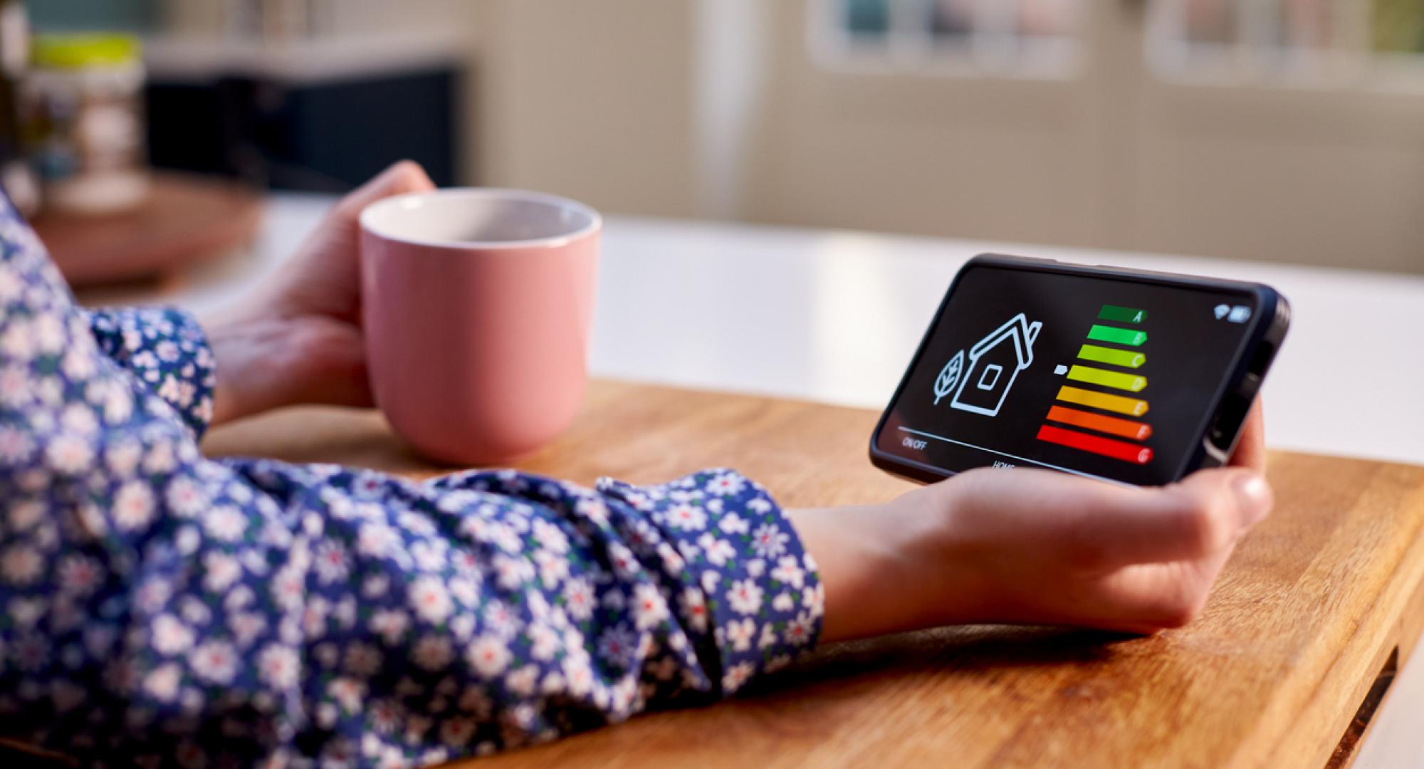 Woman holding a device measuring her heating