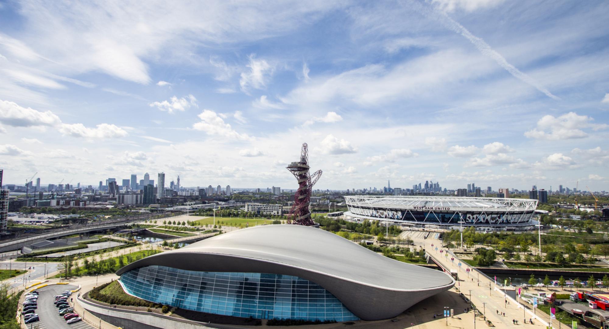 View of the aquatics centre and London Stadium in Newham