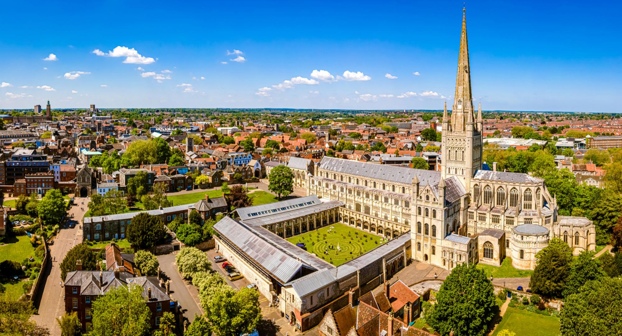 Aerial view of Norwich Cathedral located in Norwich, Norfolk, UK