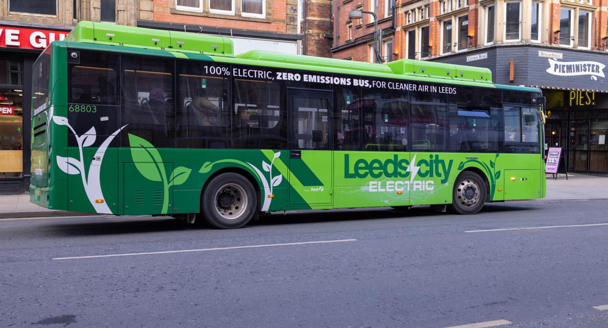 Photo taken in the Leeds City Centre showing an electric bus in the city, the bus is 100% Electric with zero Emissions for cleaner air in the Leeds City Centre