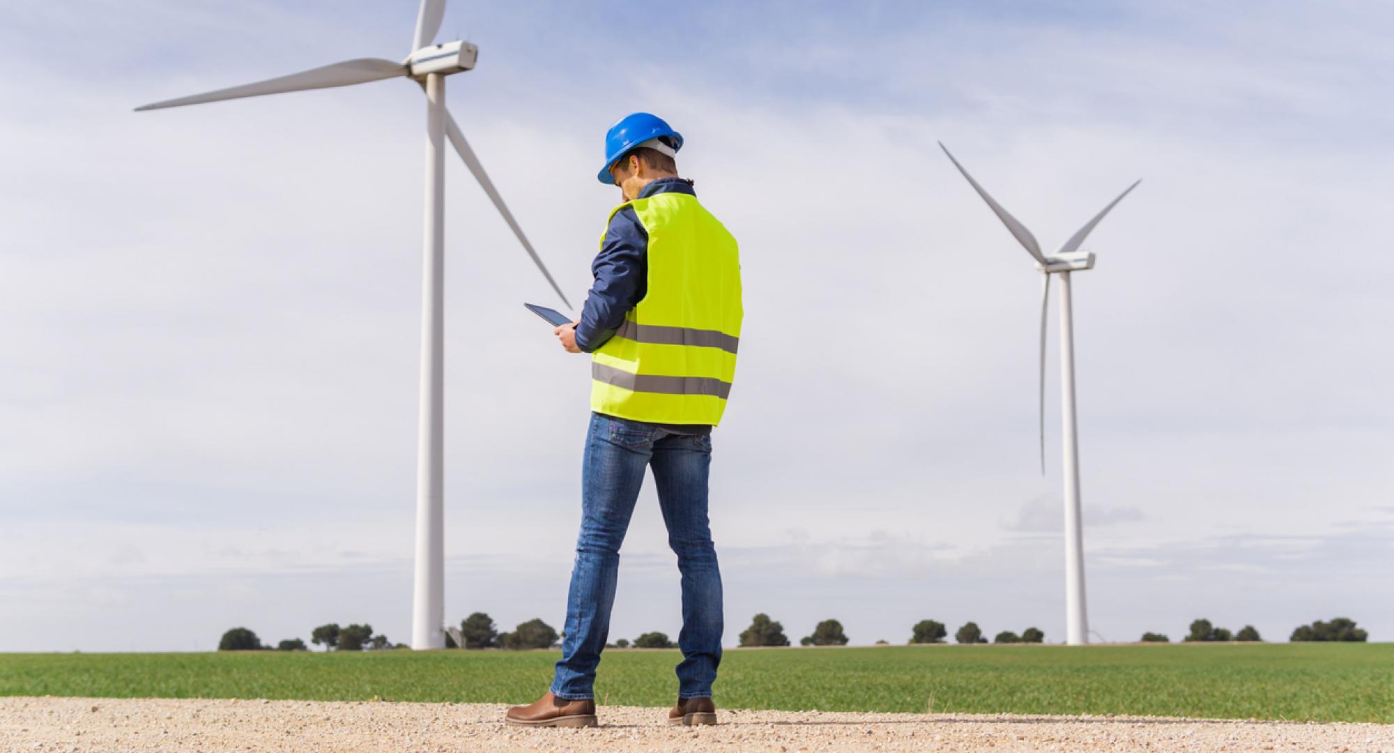 Unrecognizable worker from the renewable energy sector, from the back looking at his digital tablet in a field of wind turbines. Increase in energy prices in the market and alternative energies.