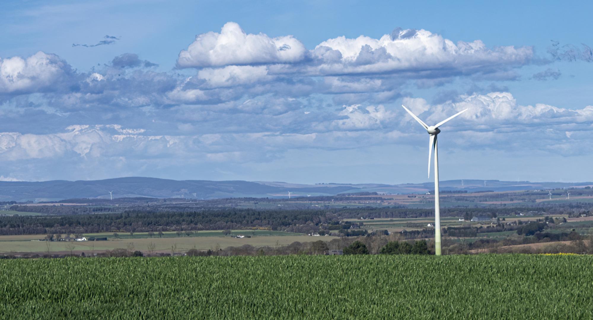 Wind turbine powering a farm in Scotland.