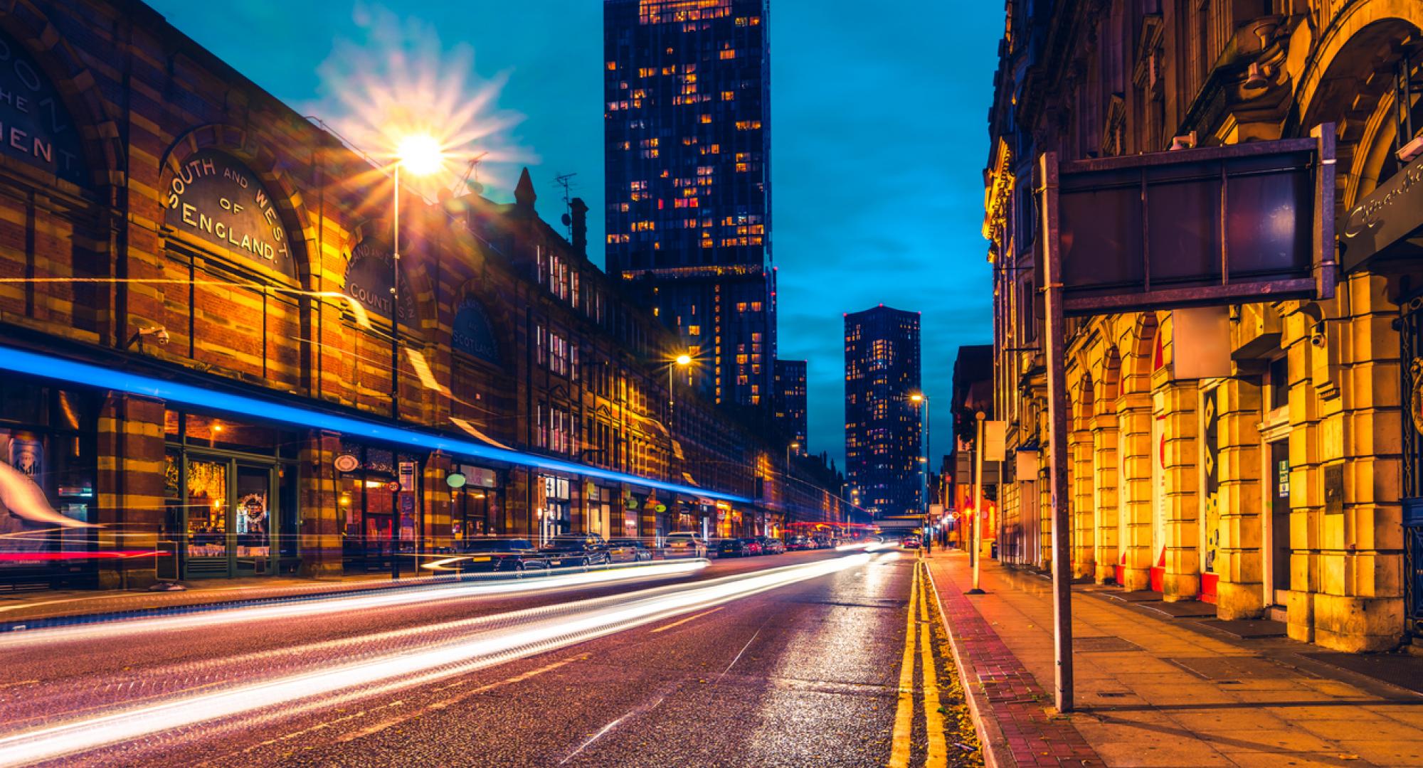 Long exposure shot of Manchester centre at night