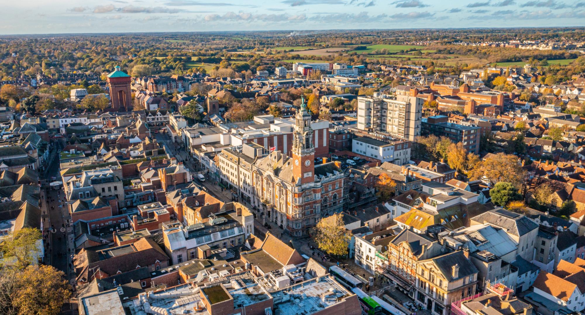 Aerial photo from a drone of Colchester City Centre, Essex