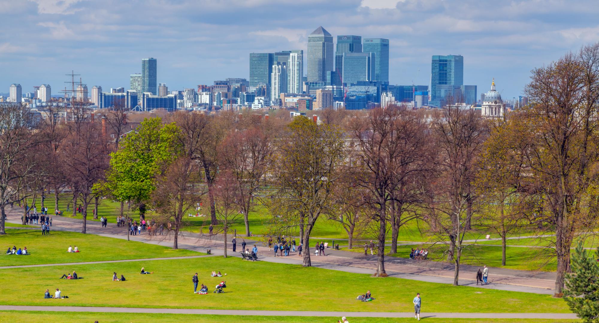greenwich park with canary wharf in the backgroubd