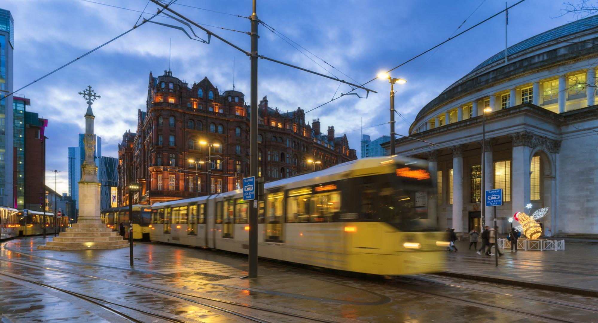 Blurred tram in Manchester