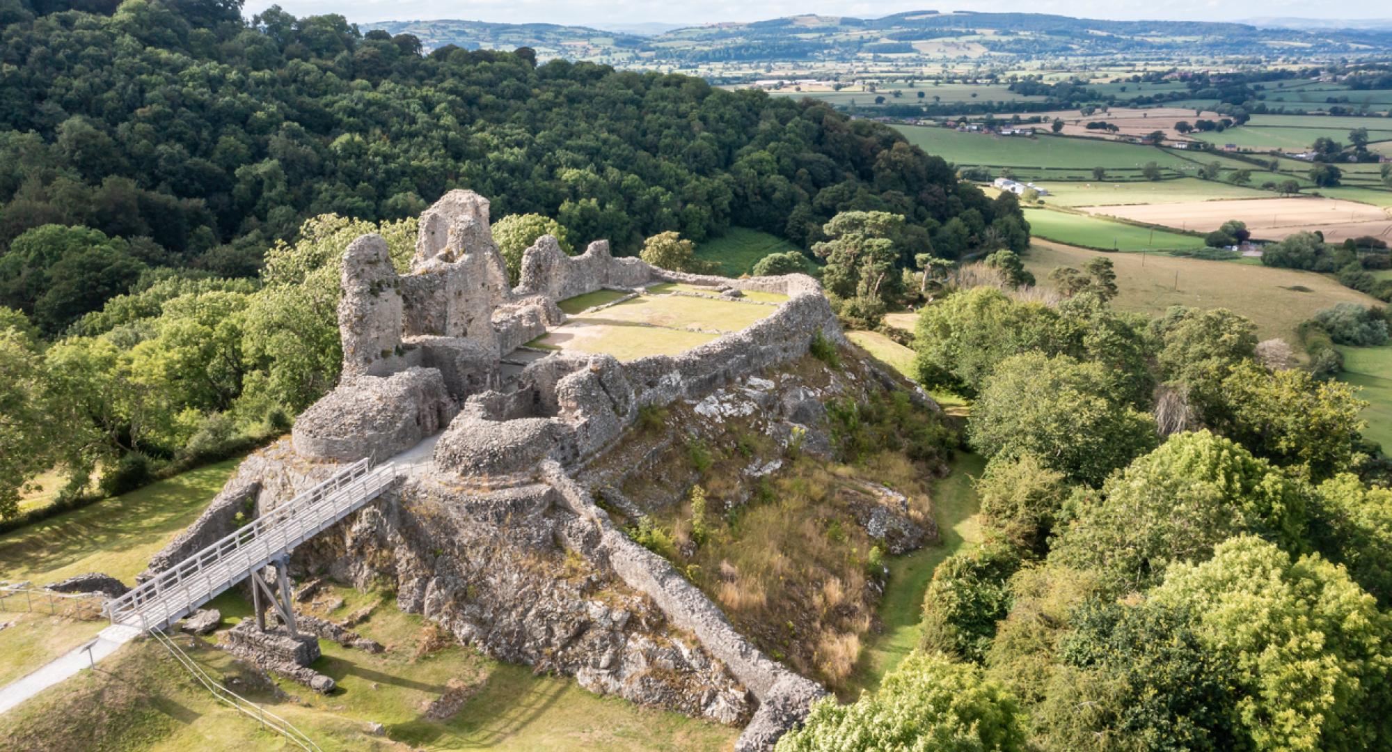 Aerial view of Montgomery Castle ruin in Wales borderland