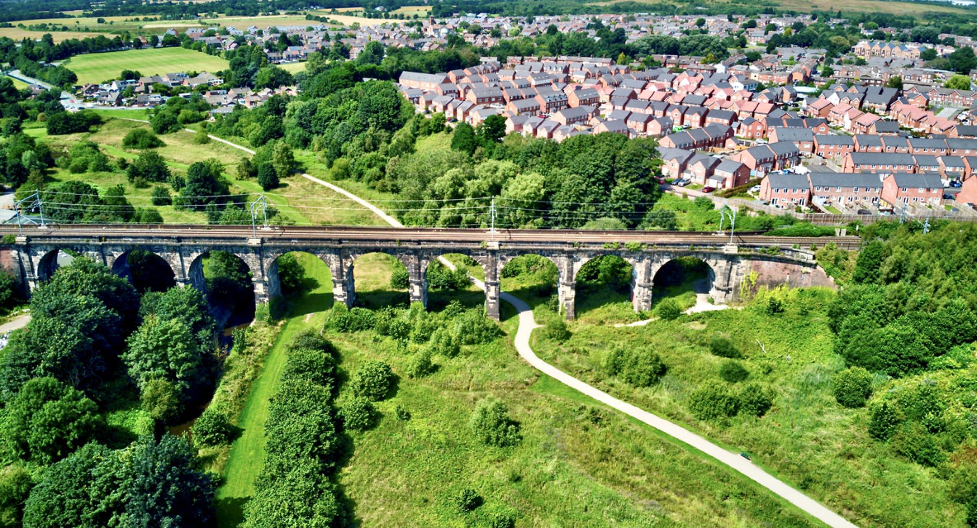 Aerial view of the nine arches viaduct in St Helens