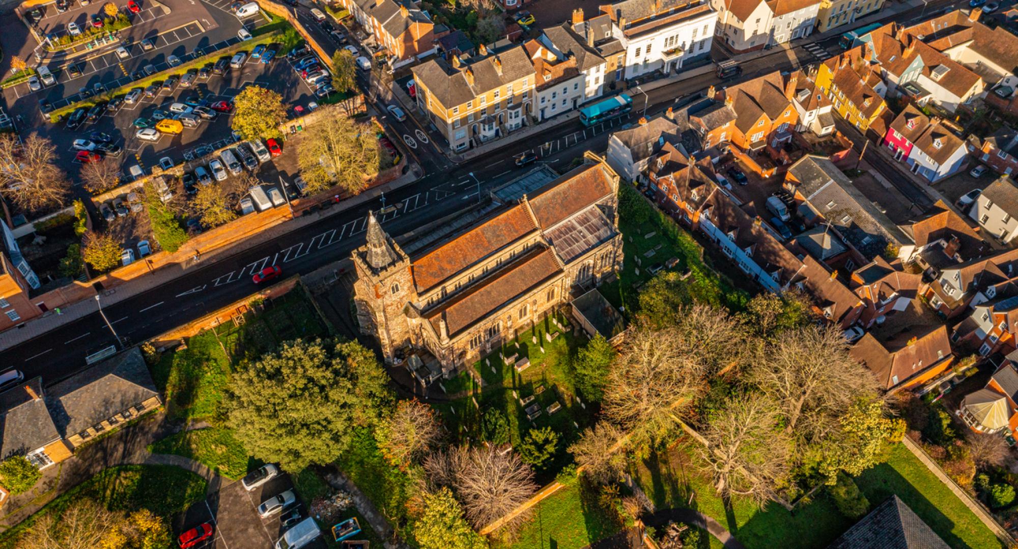 Aerial photo from a drone of St James' Church in Colchester City Centre in Essex, UK