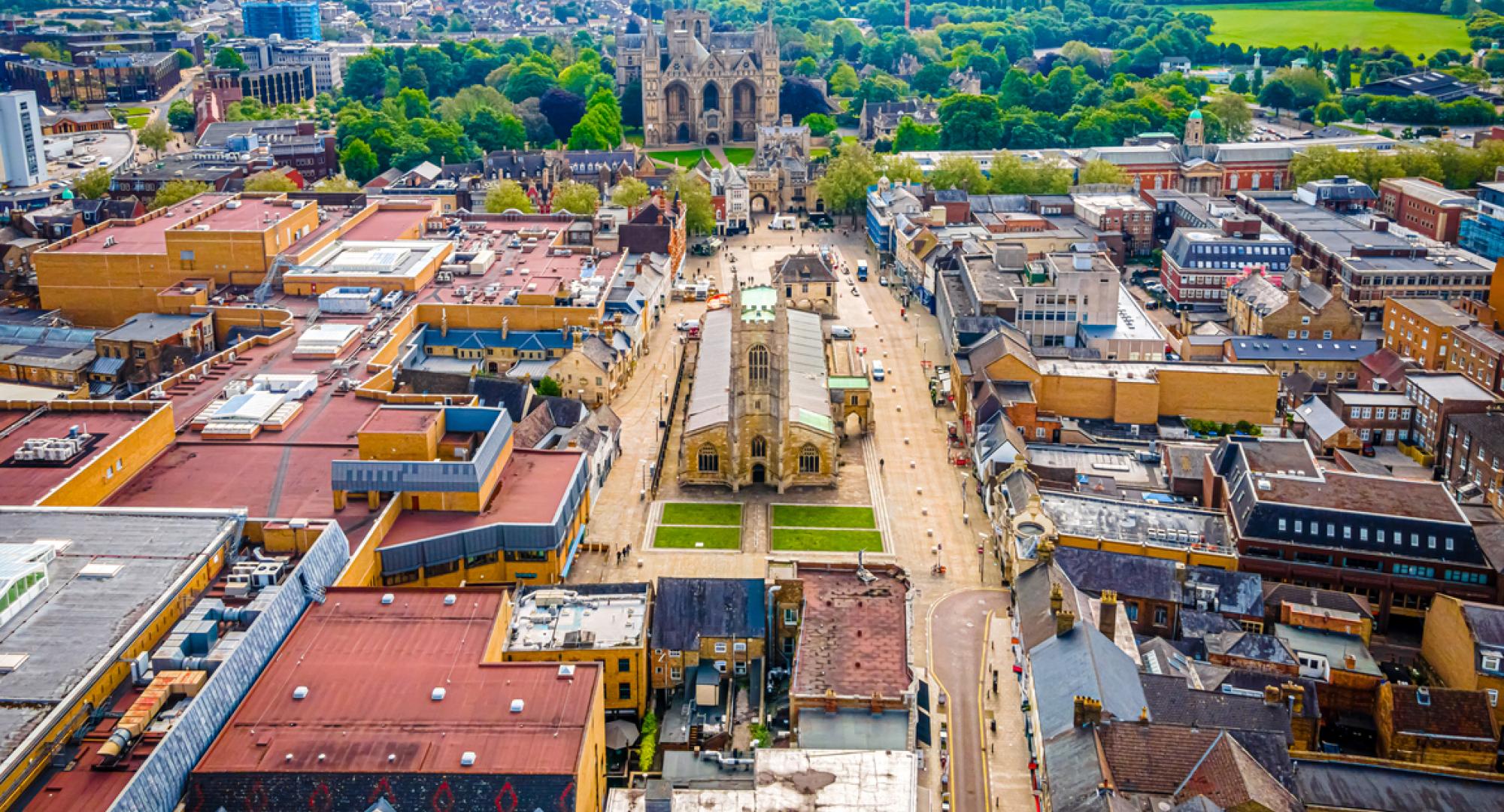 Aerial view of Peterborough Cathedral, also known as Saint Peter's Cathedral, in the United Kingdom, UK