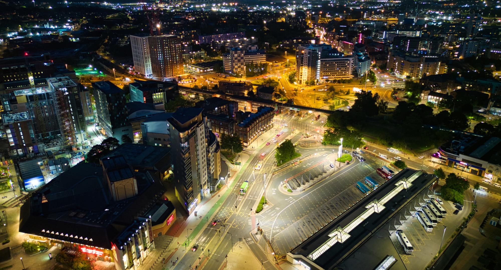 Aerial view with nightlife in Leeds