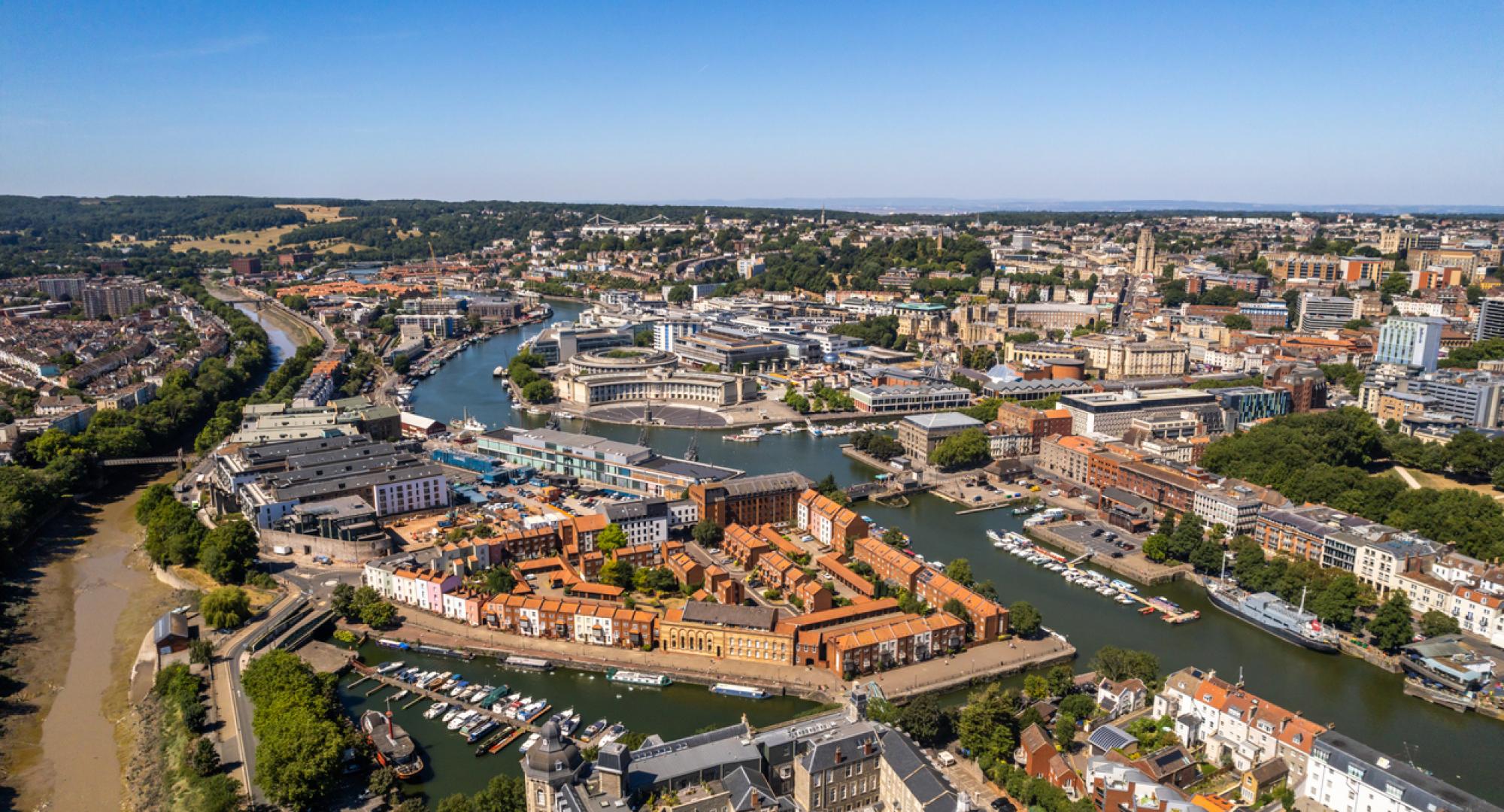 Bristol United Kingdom aerial shot of central city including canals