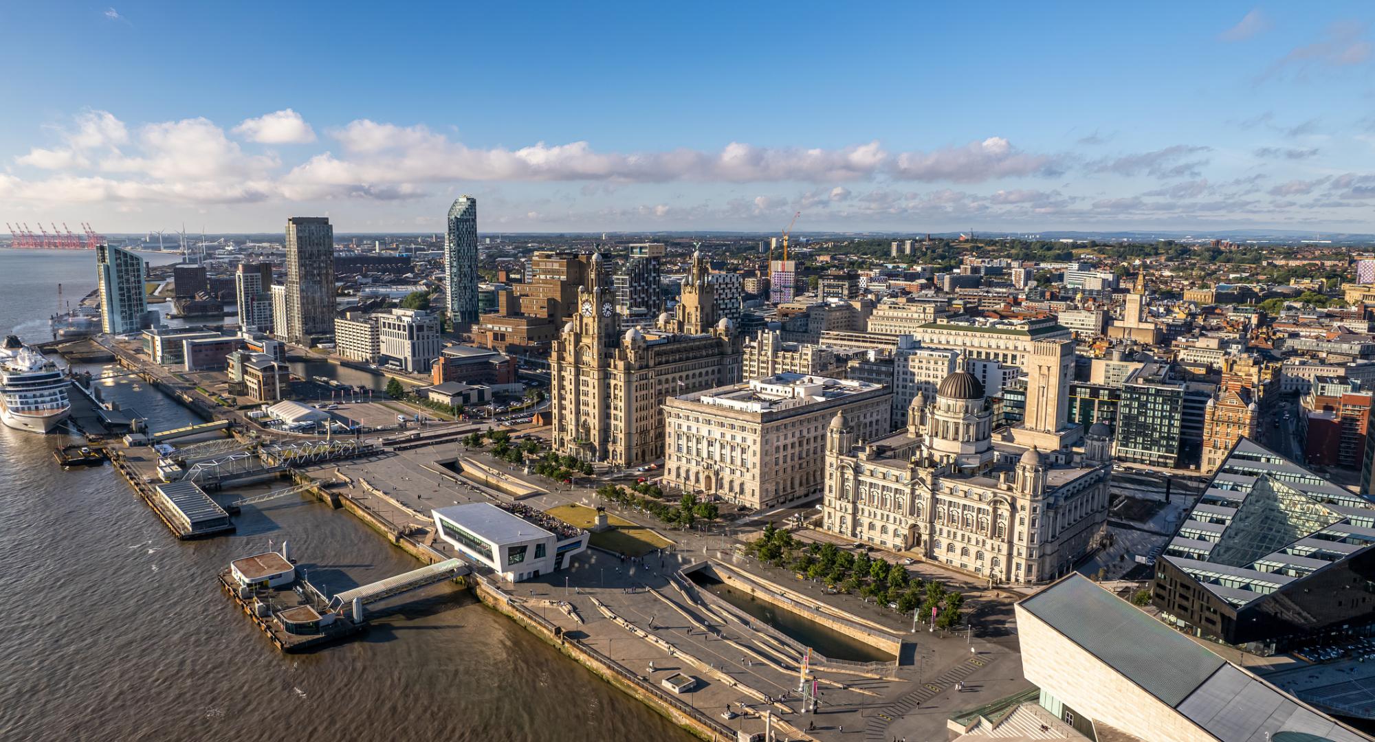 The drone aerial view of the city of Liverpool in England