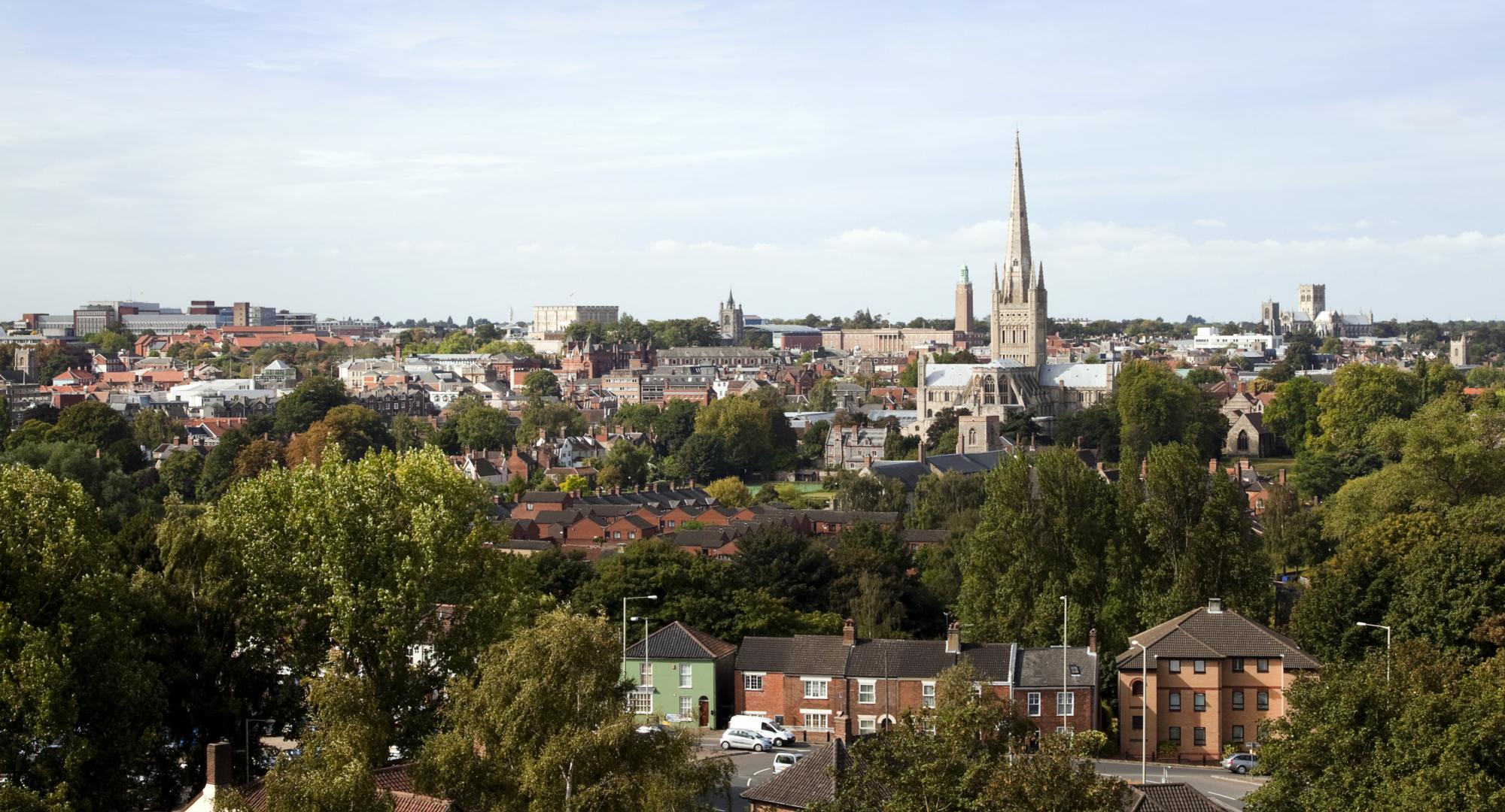 A view over the city of Norwich, in Norfolk, England