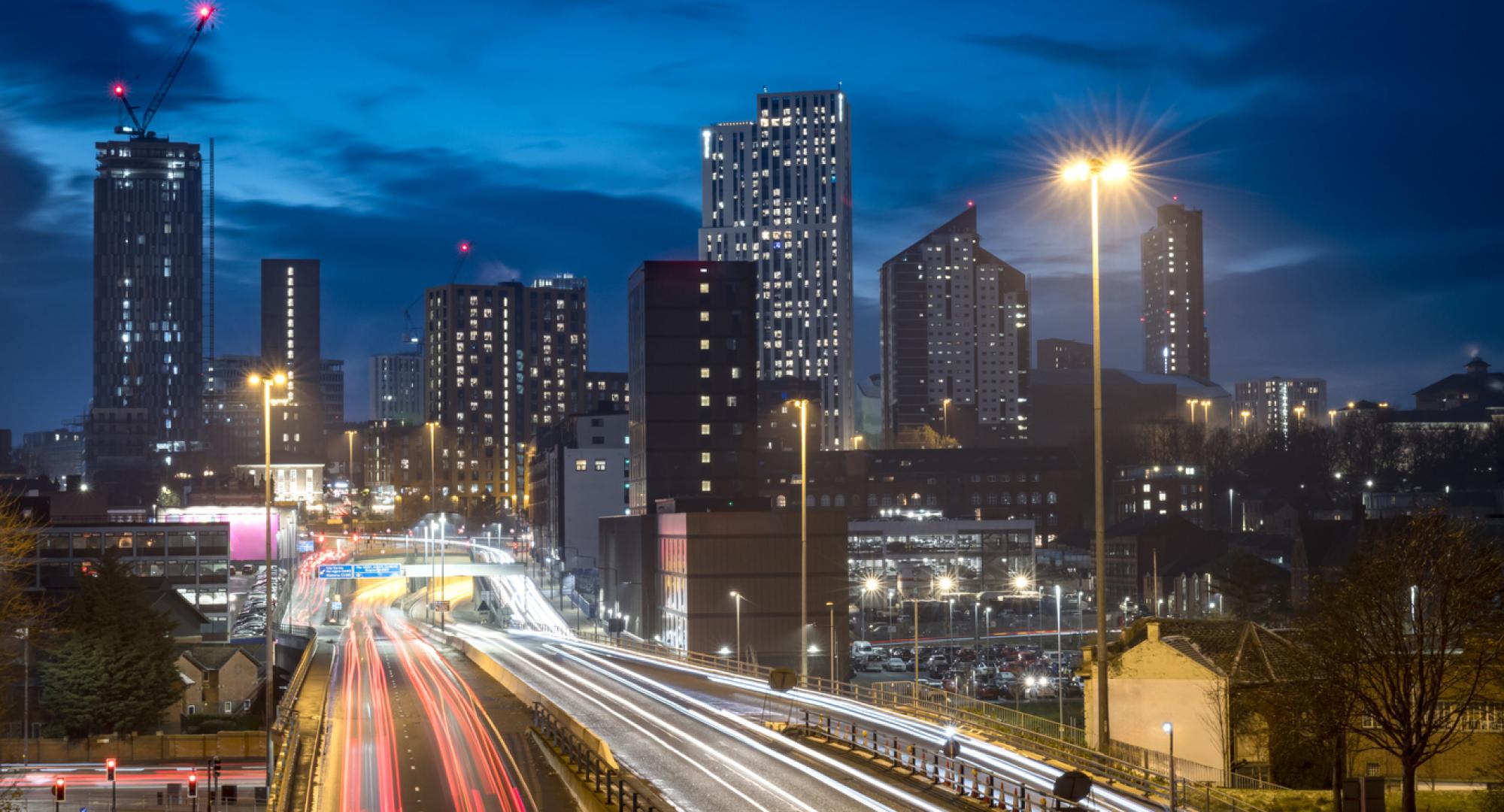 Cityscape night view of the Leeds skyline