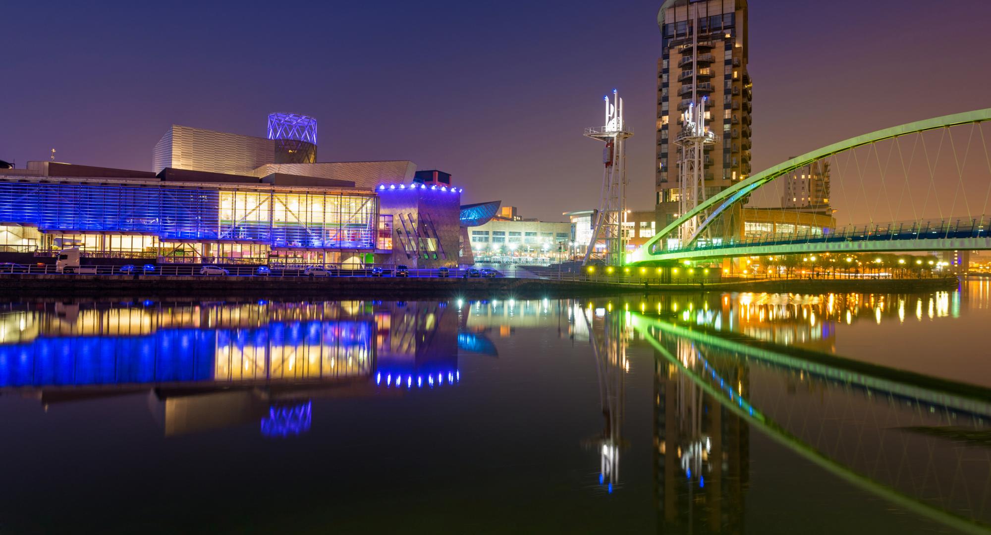 Salford Quays at night, Manchester, England, UK