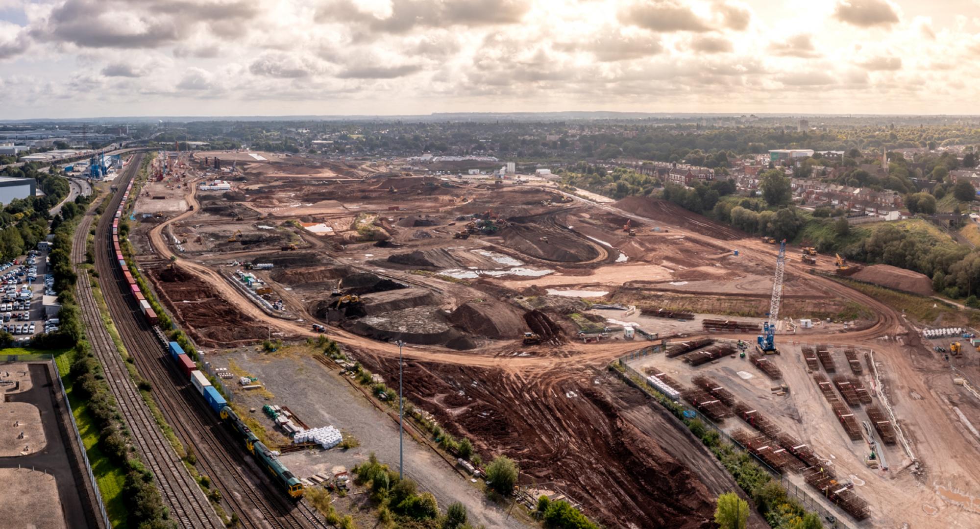 HS2 route and construction site running alongside current railway tracks near Washwood Heath on the outskirts of Birmingham