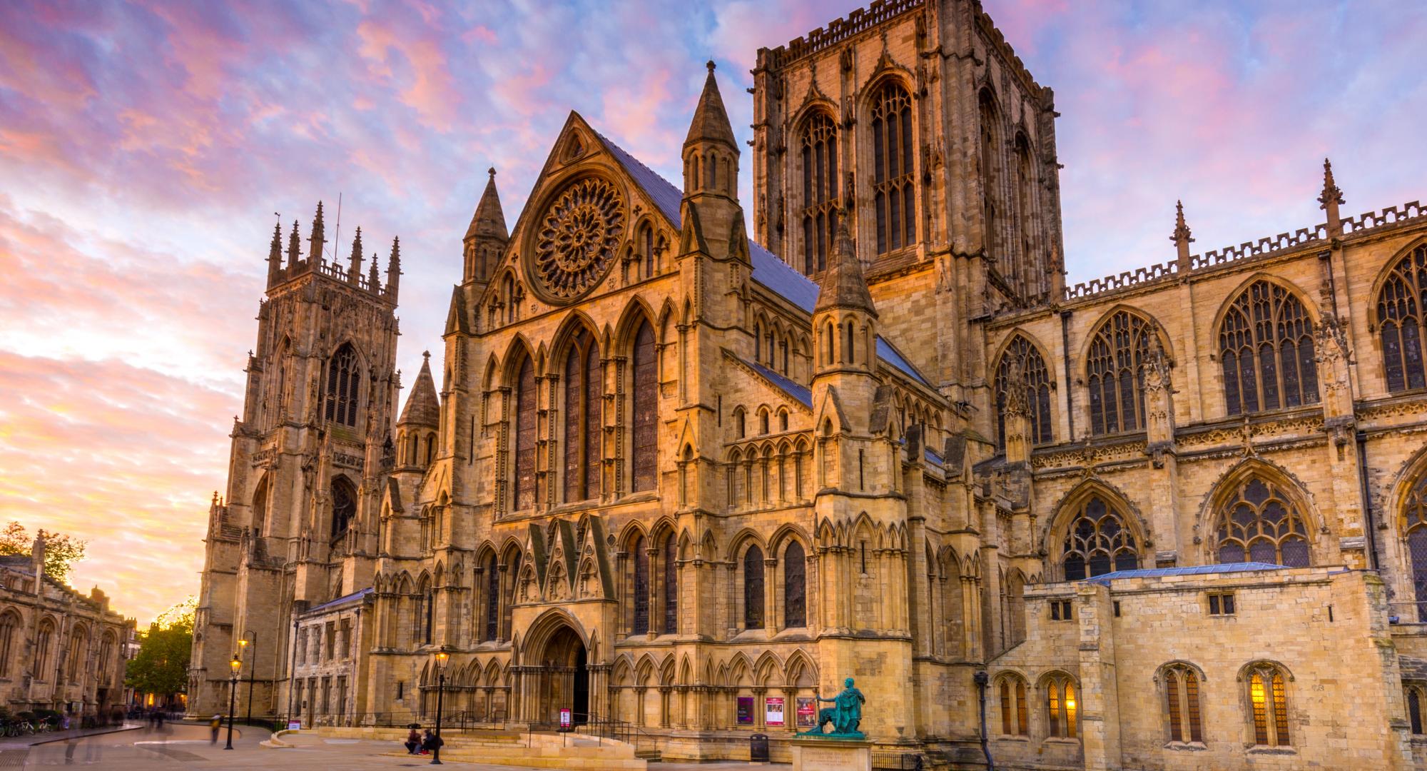 Wide angle view of York Minster at sunset in the city of York, Yorkshire