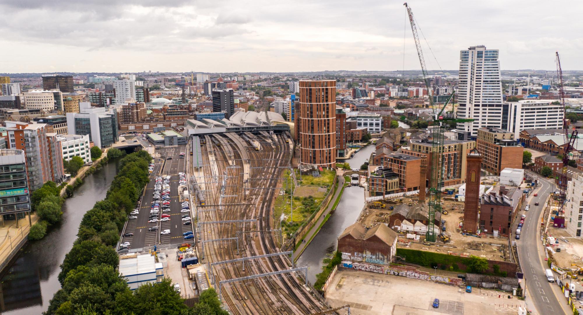 Aerial view of Leeds city centre and railway station