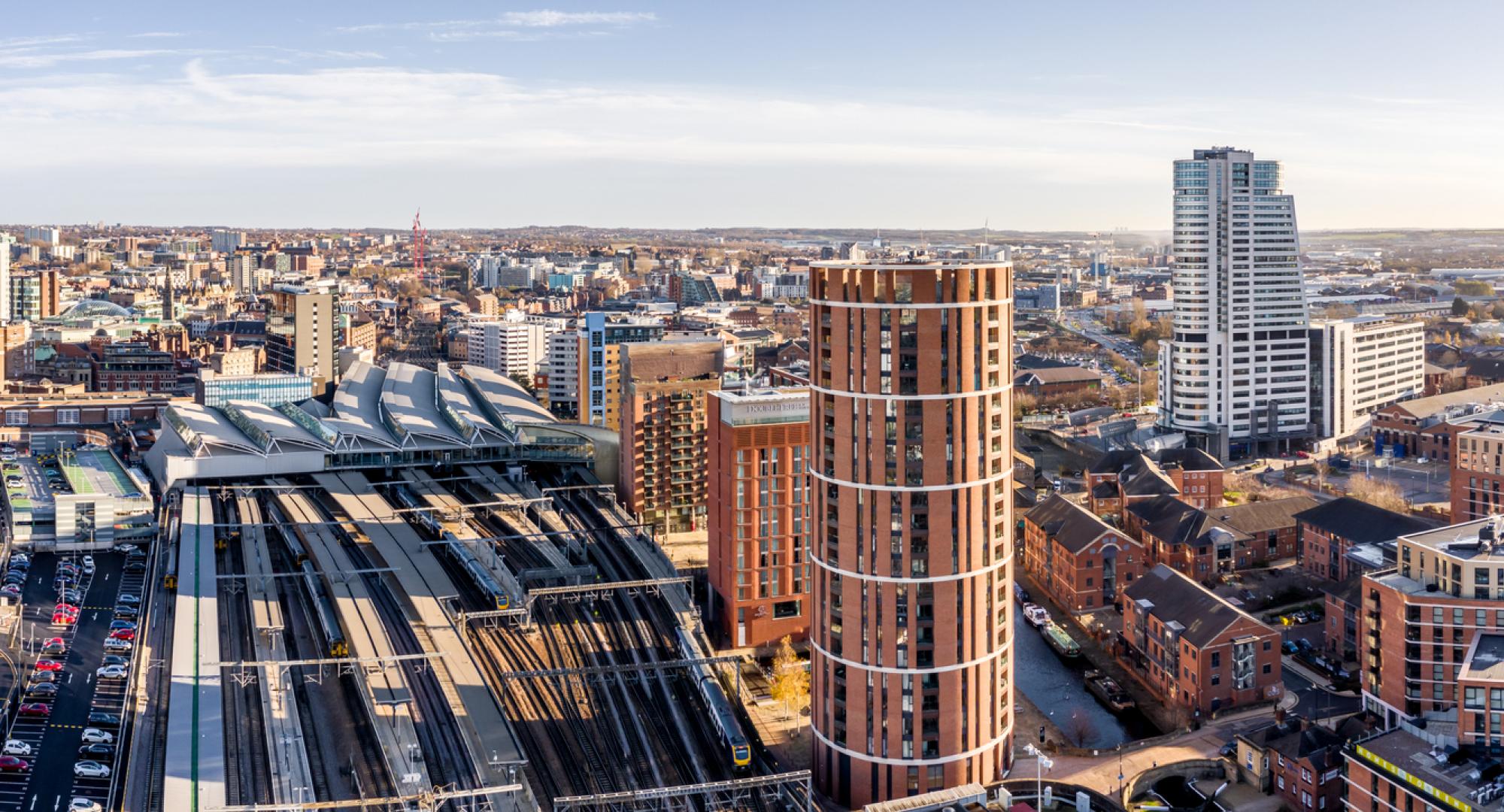 Aerial view of Leeds city railway station