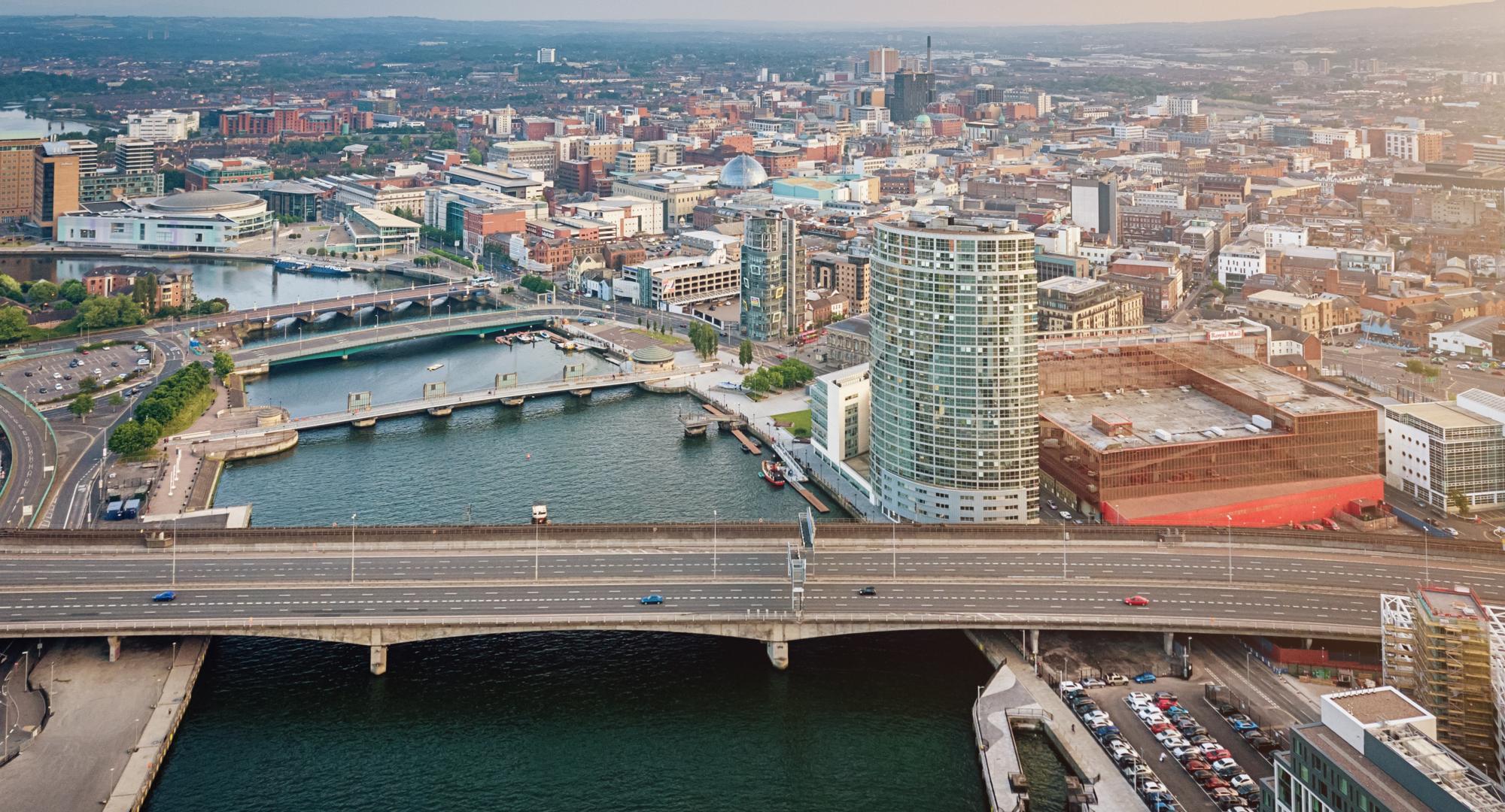 Aerial view over the City of Belfast along the River Lagan with Lagan Bridge in the foreground