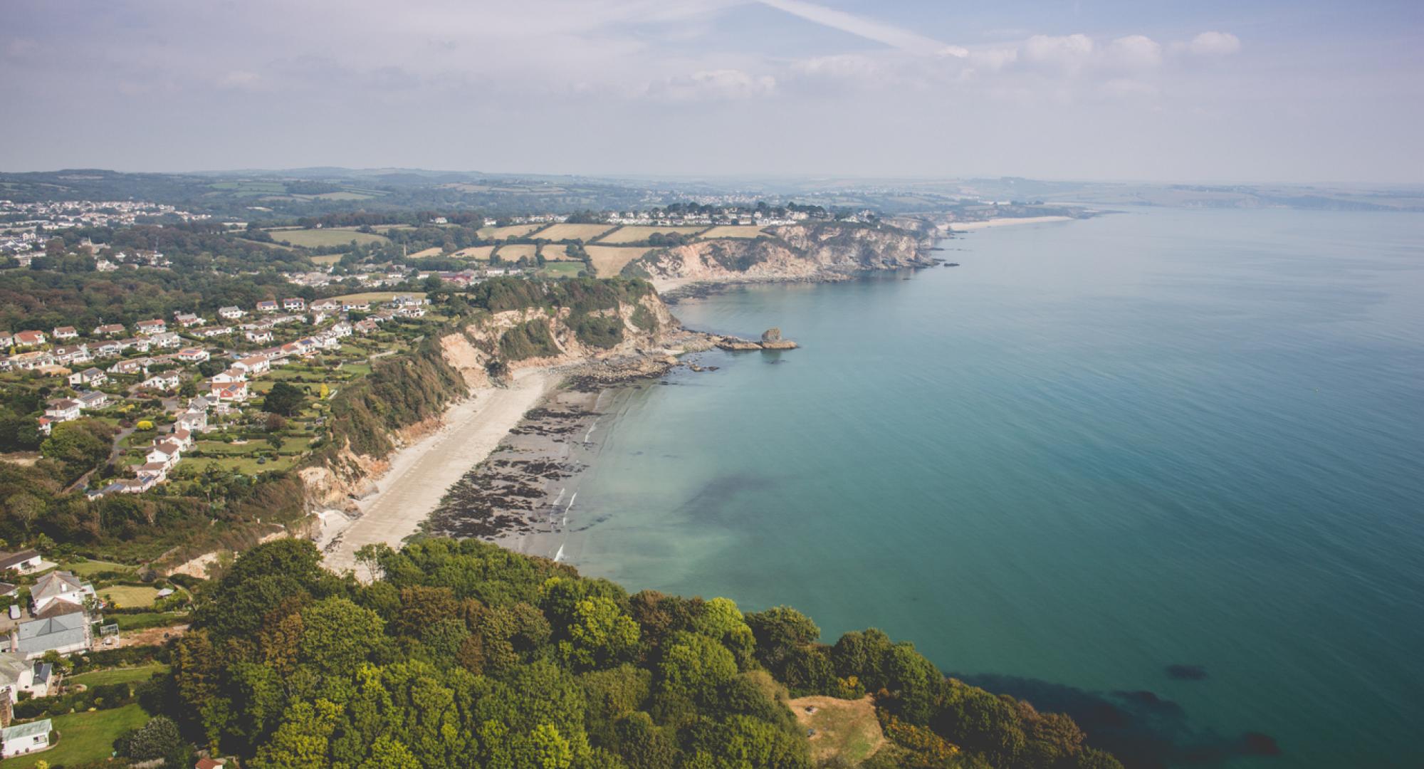 An aerial photo looking across the coastline in St Austell, Cornwall