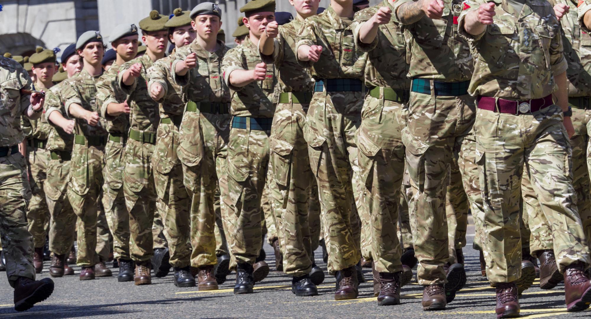 Military Personnel parading on Union Street, Aberdeen during Armed Forces Day, 2023