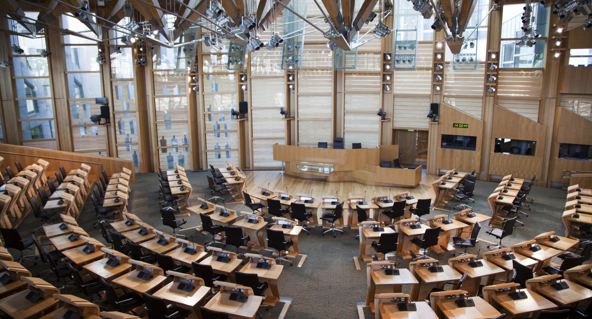 The main debating chamber of the Scottish Parliament building in Edinburgh