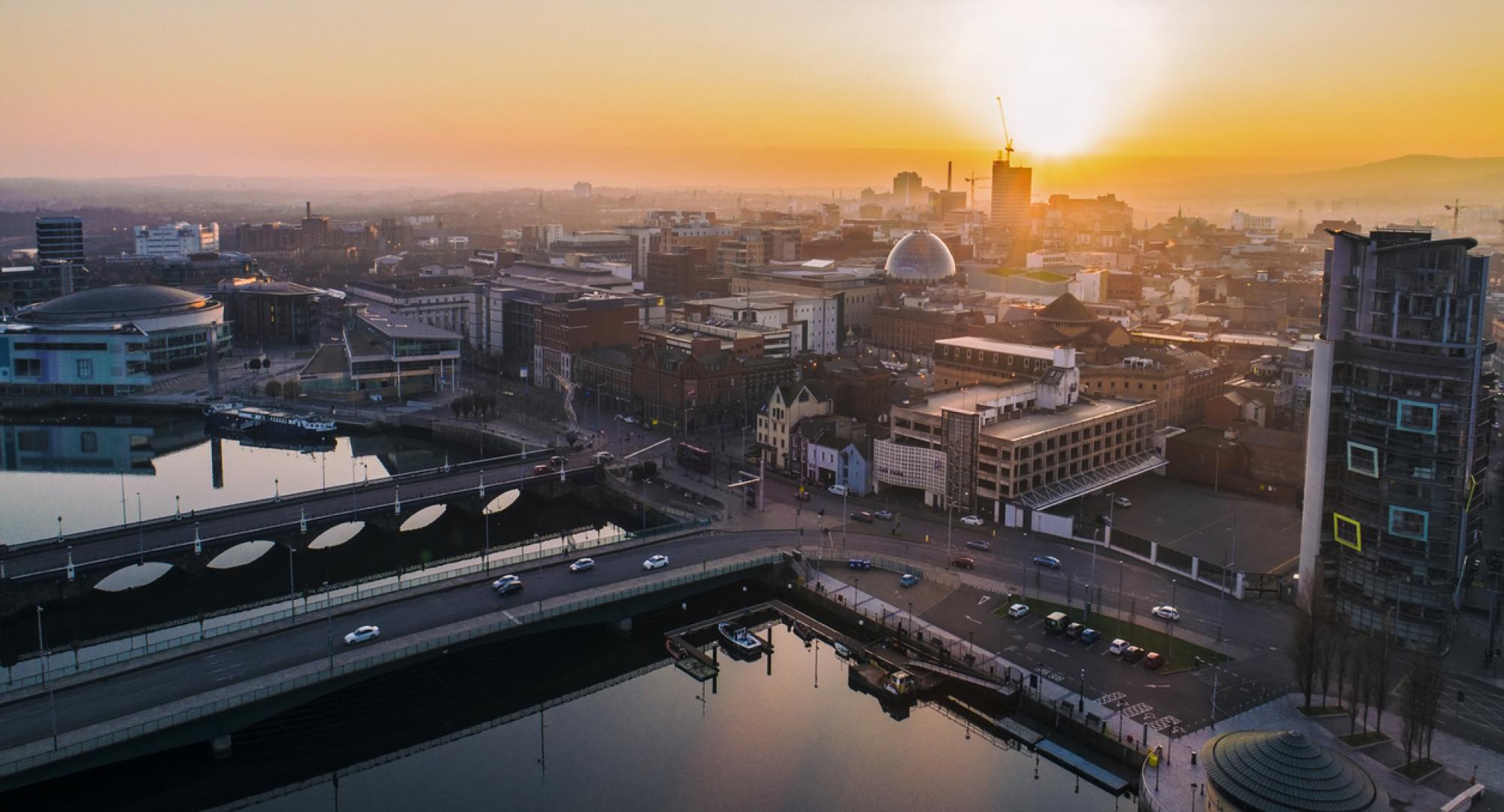 Belfast city centre at sunset