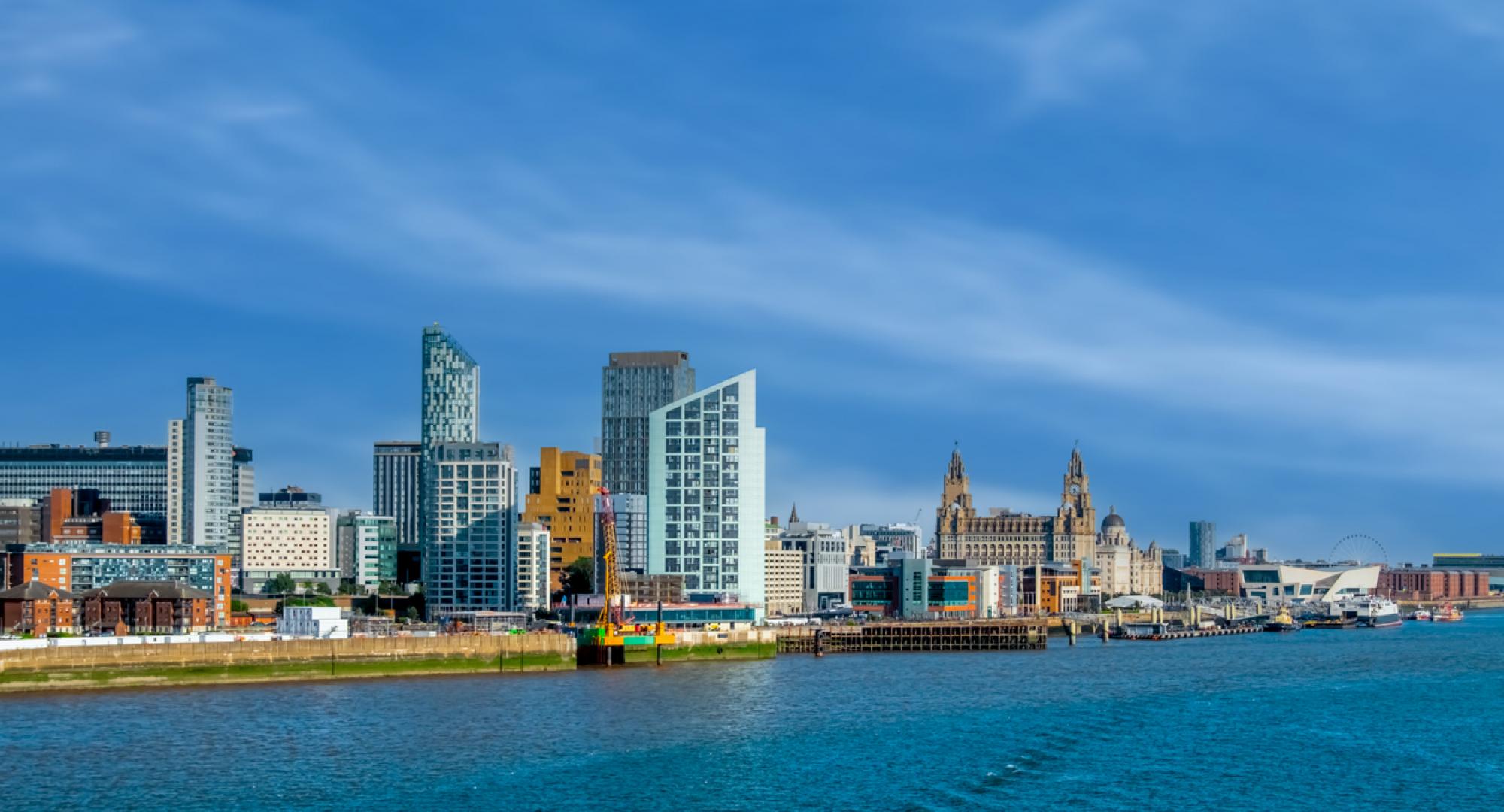 Liverpool City Skyline, Waterfront And The Three Graces