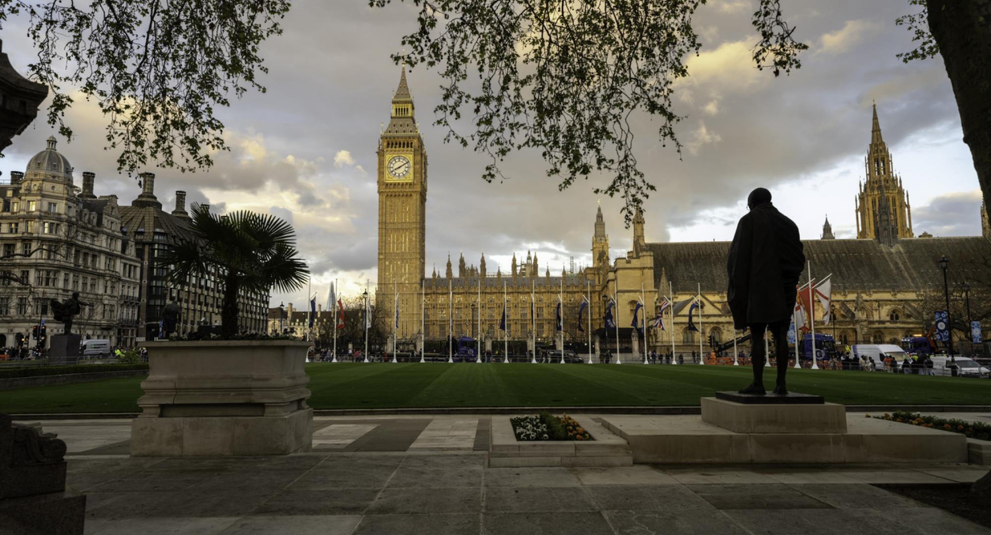 London skyline with the Palace of Westminster, the Houses of Parliament building including the Elizabeth Tower