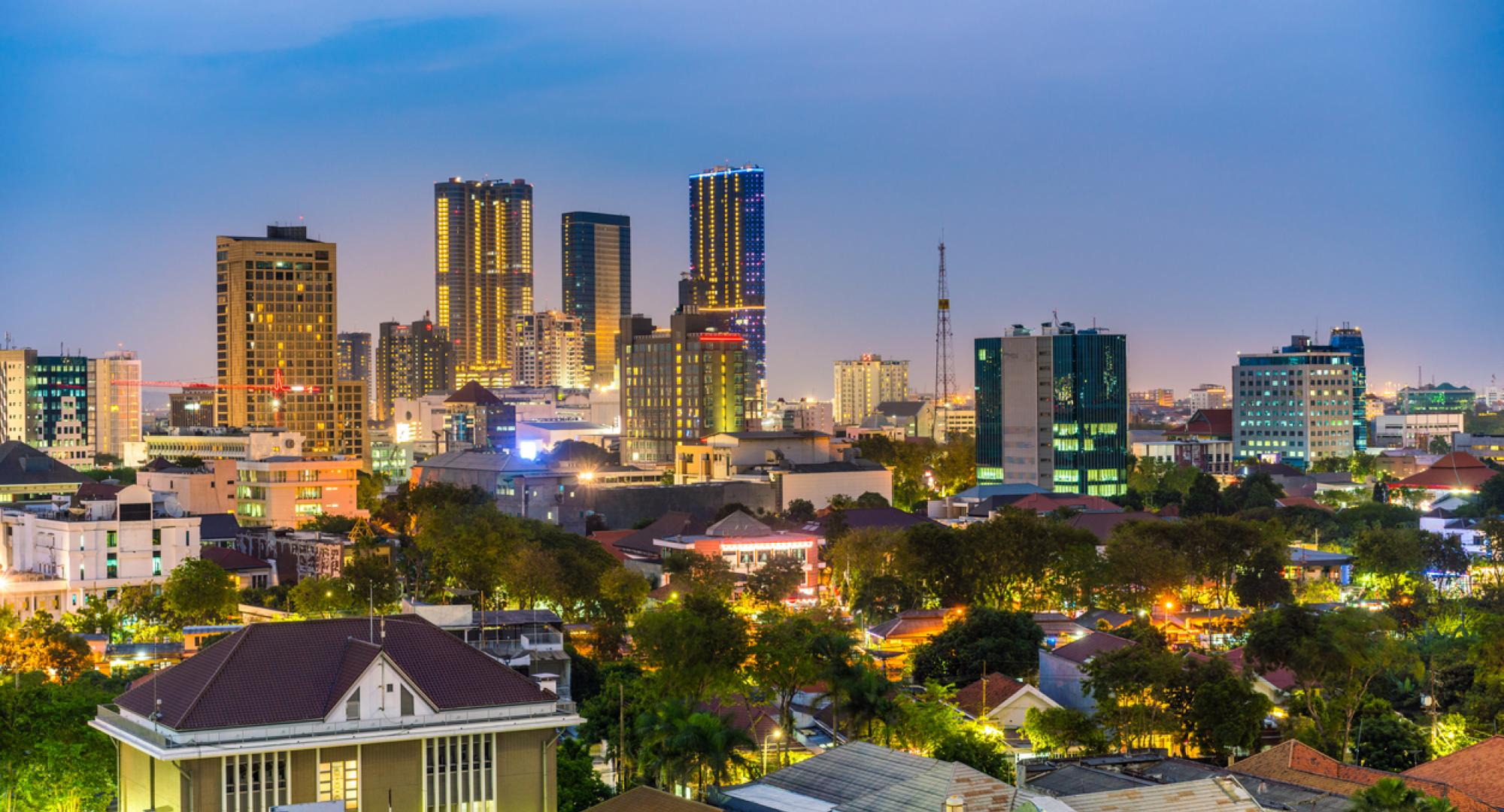 view showing Surabaya City at night, buildings, towers, houses and trees can be seen on the background